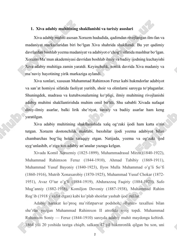 ’rlar yozgan muhammad rahimxon ii atrofida rivoj topdi. muhammad rahimxon soniy — feruz (1844-1910) saroyda adabiy muhit maydonga keltirdi. 1864 yili 20 yoshida taxtga chiqib, salkam 47 yil hukmronlik qilgan bu xon, uni yaqindan bilgan ko’pchilik tadqiqotchilar fikricha, o’rta osiyo xonlari orasida eng aqllisi, eng ziyolisi edi. u «usuli jadid»ga yo’l berdi, ruslar kelmasdan ancha ilgari xivaga toshbosma olib keldi. uning topshirig’i bilan ahmad tabibiy (1869-1911) «maj-muatush-shuaroyi feruzshohiy» («feruzshoh shoirlari antologiyasi»)ni tuzadi. 30 shoirning she’ridan namuna beradi. ular orasida komil xorazmiy (1825-1899), muhammadrasul mirzo (1840-1922), avaz o’tar (1884-1919) kabi xilma-xil ko’lam va qudratdagi shoirlar bor edi. shoir va tarixchi bayoniy shoh va shoir feruz zamonida ko’plab madrasalar qurilganini, matbaachilik yo’lga qo’yilganini, kitobxonlik avj olganini, xonning o’zi bularning barchasiga bosh-qosh bo’lganini yozadi. bayoniyning «shajarayi. xorazmshohiy»sidan: «xon hazratlari haftada ikki kun: juma va dushanba oqshomlarida ulamo bilan suhbat tuzub, kitobxonliq etdurur erdilar. andog’kim, yusufhoji oxund va ismoilxo’ja oxund va xudoybergan oxund va …