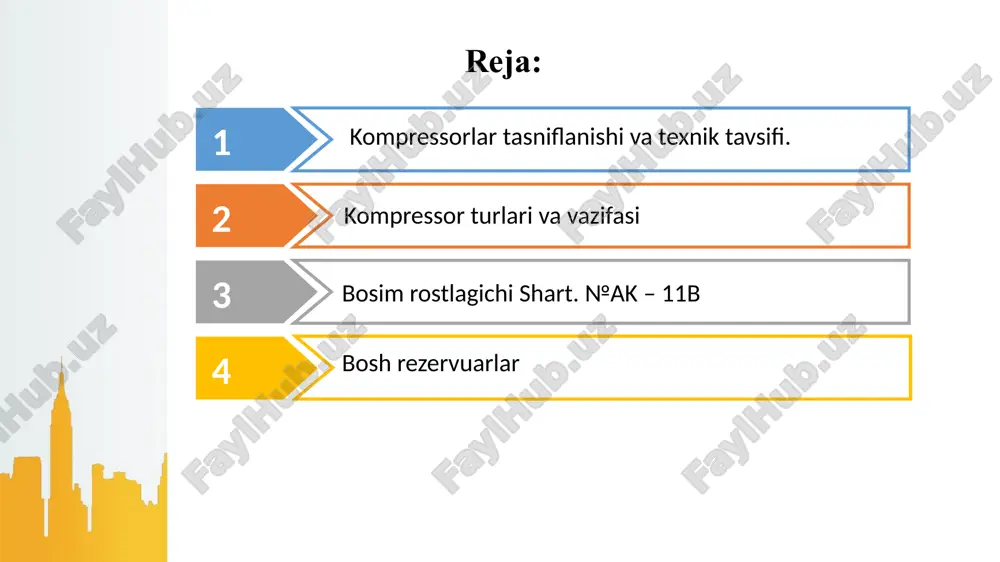 da yuqoriga harakatlanganida so‘ruvchi klapan yopiladi. s – d uchastkada havo siqiladi va d nuqtada birinchi siqilish pog‘onasi chiqarish klapani ochiladiva havo birinchi pog‘ona silindridan siqib chiqariladi. quyi bosim porsheni pastga qarab harakatlanganida silindrda zararli bo‘shliqda qolgan siqilgan havo f – v chizig‘i bo‘yicha kengayadi. v nuqtada so‘ruvchi klapan ochiladi va jarayon takrorlanadi. ikki pog’onali kompressor sxemasi yuqori bosim silindrida (siqilishning ikkinchi pog‘onasi) porshen pastga qarab harakatlanganida havo d – g chizig‘i bo‘ylab silindrga kelib tushadi. porshen yuqoriga harakatlanishida d – g chizig‘i bo‘ylab havoning siqilish va g – n chizig‘i bo‘ylab esa uning bosh rezervuarga haydalishi ro‘y beradi. agar kompressor oraliq sovutishga ega bo‘lsa, u holda silindrdagi birinchi pog‘ona siqilishi havosi avval sovutgichga (d – e chizig’i) va shundan keyingina e – g chizig‘i bo‘yicha ikkinchi pog‘ona silindriga kelib tushadi. ajratilgan maydon pog‘onalar orasidagi havoning sovushi hisobiga siqilish ishining kamayishini tavsiflaydi. silindr bo‘shlig‘ida birinchi siqilish pog‘onasida bosim 0,2 – …