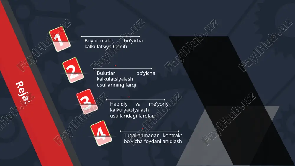 ʻyicha yig'iladi. xoʻjalik yurituvchi subʼyektda 2010 -asosiy ishlab chiqarish schyoti yuritiladi, bu borada gi analitik ma'lumot buyurtma kartochkasida olib boriladi. aynan shu kartochkalarda ma'lum buyurtmani bajarish uchun barcha bo'linmalar bo'yicha xarajatlar yig'iladi. logo 01 add your title here text add your words here add your words here add your words here add your title add your title add your words here add your words here add your words here xo‘jalik yurituvchi subyektda boshqaruv hisobini tashkil qilish va yuritish uchun eng samarali ishlatilishi mumkin bo‘lgan usullar – bu tannarxni hisoblashning buyurtmali va jarayonli usullaridir. 2. umumishlab chiqarish xarajatlarini taqsimlash bazasini tanlash. buning uchun ishlab chiqarish faoliyatini o‘lchaydigan ma’lum ko‘rsatkichdan foydalanilib, umumishlab chiqarish xarajatlari va tayyor mahsulot hajmi o‘rtasidagi bog‘liqlik aniqlanadi. masalan, bajarilgan ishlarning kishi-soat ko‘rsatkichidagi soni, ishlab chiqarish ishchilari uchun hisoblangan ish haqi summasi, mashina-soatlar soni. tanlangan baza umumishlab chiqarish xarajatlarini mahsulot ishlab chiqarish hajmi bilan chambar-chas bog‘lashi lozim. yuqorida qayd …