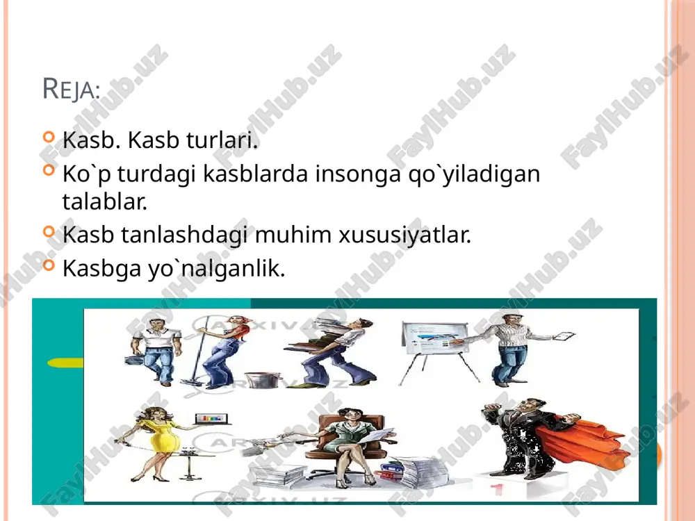 larga erishishga yo‘naltirilgan bo‘ladi. inson-tabiat munosabatini o‘zida aks ettiradi, shaxs omili va uni hozirgi davrda ishlab chiqarishda hisobga olish mehnat samaradorligini oshirish, kasb mahoratini takomillashtirish uchun negiz bo‘lib hisoblanadi. kasbhunar mohiyatini ochib beruvchi professiogramma, professiografiya, psixogramma asosida mutaxassislarni tayyorlash uchun texnik oliy o‘quv yurtlari intilmoqlari lozim kasb psixologiyasining predmetini ta’rifiga asoslanib, uning quyidagi vazifalarini ajratib ko‘rsatish maqsadga muvofiq: 1. shaxsning kasbiy shakllanishi asosiy tushunchalari va tadqiqot tamoyillarini, o‘zining faoliyatiga tegishli uslublarini asoslash; 2. kasb psixologiyasi predmetiga mos bo‘lgan tadqiqot uslullarini ishlab chiqish va o‘ziga xos uslublarini tuzish; 3. kasblarning tavsifiy tuzilmasini psixologik tahlil qilish, kasblarni proektlash uslublari va tamoyillarini ishlab chiqish; 4. shaxsning kasbiy shakllanishi qonuniyatlari va psixologik mexanizmlarini tadqiq etish. bu jarayon dinamikasini determinantlovchi omillarni aniqlash, kasbiy shakllanishdagi inqirozlarni tahlil etish; 5. mutaxassislikning kasbiy desturuksiyalarini, ya’ni shaxsning deformatsiyasi, kasbiy faoliyatga bo‘lgan layoqatini pasayishi va boshqalar; 6. shaxsning kasbiy rivojlanish monitoringni yuritish, bu borada psixodiagnostik vositalarni ishlab chiqish hamda mutaxassislarni …