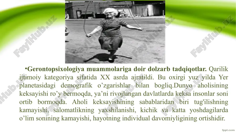 topshiriq murakkablashtirilganda yoshlarga qaraganda qariyalarga 2 barobar ko’p vaqt talab etilgan 1985-yilda s. salthouse tomonidan o’tkazilgan tadqiqotlarda qari mashinistkalar yoshlardan qolishmay ishni bajarishgan, ularda reaksiya vaqti va barmoqlarning sekin harakatlanishini kuzatish mumkin. uzoq muddatli xotirani o’rganishga bag‘ishlangan test natijalarida yosh farqlari kuzatiladi. qator tadqiqotlarda qariyalar so’zlar qatorini qayta esga tushirishga qaraganda tanishga bo’lgan topshiriqlarni yaxshiroq bajarishi aniqlandi.qariyalarda foydasiz so’zlar ro’yxatini eslab qolish ichki isyonni keltirib chiqaradi. shu bilan bogliq ravishda ma’nosiz so’zlarni eslab qolishga bag‘ishlangan tadqiqotlarda ular quyi natijalarni namoyon etishgan, ma’noli so’zlarni, qiziqarli iboralarni eslashda keksalar yoshlarga qaraganda yaxshi natija ko'rsatishgan. shunday qilib, qator olimlar tomonidan o’tkazilgan tadqiqotlardan ma’lum bolishicha, qariyalar ular uchun muhim hisoblangan va hayotda kerak boladi, deb o’ylangan materialni yaxshiroq eslab qoladilar.uchlamchi xotira bu ilgari bolib o’tgan voqeani eslashdir.xotiraning bu turi keksalarda toliq eslab qolinadi psixogerontologiyada keksa erkak va ayollarning psixologik xususiyatlarini o‘rganishda ko‘proq test (sinov) dan foydalaniladi. testlar o‘z maqsadi, mohiyati hamda tizimiga binoan bir …