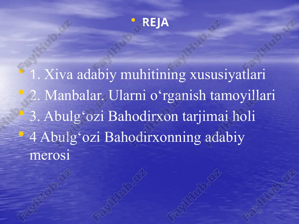 da badiiy ifodasini topgan. 1505-1506 yillarda shayboniyxon, shoh ismoil xorazmni bosib oldilar. ammo, xorazm eli mustaqillik uchun qattiq kurashdi. 1511 yilda eron qo‘shini butkul mamlakat hududidan quvib chiqarildi. taxtga shayboniylar sulolasidan berka sultonning o‘g‘li elbarsxon o‘tqaziddi. xorazm mustaqil davlatga aylandi. u endi xiva xonligi deb atala boshlandi. poytaxt vazirdan urganch shahriga ko‘chirildi. arabmuhammadxon (1602-1621) davrida amudaryo o‘zanining o‘zgarishi (1573) munosabati bilan poytaxt urganchdan xivaga ko‘chirildi. xiva adabiy muhiti xiva xonligi saroyida shaklllandi, taraqqiy topdi. uning gullab yashnagan davri xix asrga to‘g‘ri keladi. bu asrda xorazmda madaniyatning turli yo‘nalishlari rivojlana boshlaydi. musiqa va musiqashunoslik takomili, teatr san’atining ko‘rinishlari bazm, sayl, masxarabozlik, marosim shakllarida ko‘zga tashlanadi.kitobat va xattotlik san’atining o‘ziga xos maktabi vujudga keladi. ko‘p qo‘lyozmalar ko‘chiriladi. kotiblar bu ishda ularning janr xususiyatlariga ham e’tibor bergan-lar. "bayozi g‘azaliyot", "bayozi muxammasot" kabi alohida janrlardan iborat qo‘lyozmalar ham ko‘chirilgan. devonlar jamlangan. eng muhimi xattotlik san’atining nazariy-ilmiy qoidalariga bag‘ishlangan maxsus risolalar ham yaratilgan (munis. "savodi …
