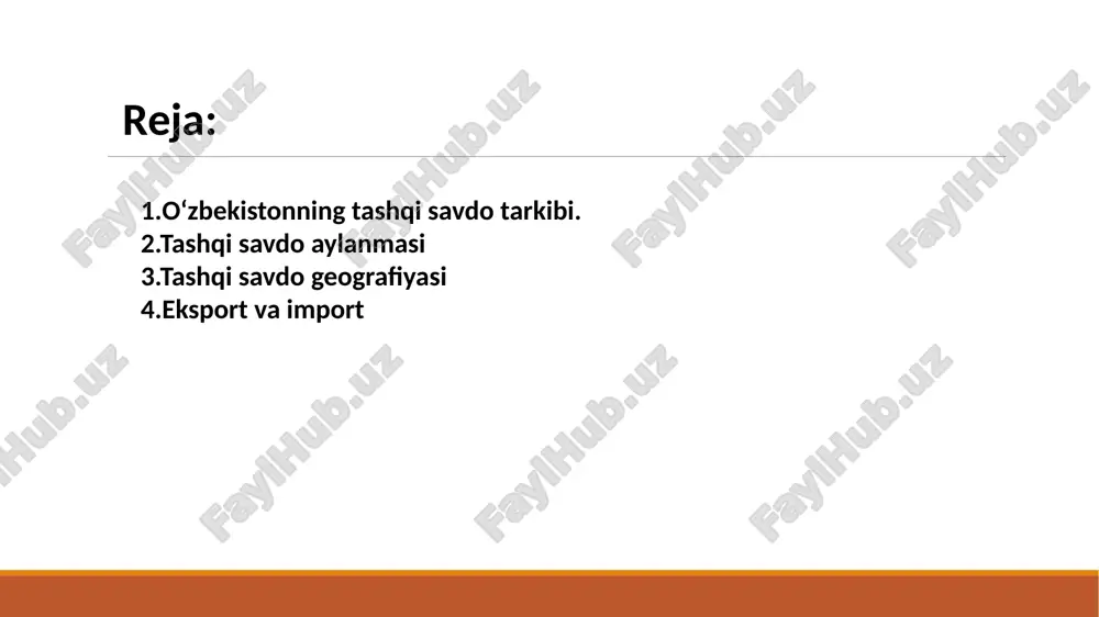 ini o‘rnatgan. savdo aylanmasining eng katta hajmi xitoy bilan (21,9%) qayd etildi. keyingi o‘rinda 15,8% bilan rossiya. o‘zbekistonning mdh davlatlari bilan tashqi savdo aylanmasi 20,6 milliard dollarga yetdi. shundan eksport hajmi 8,1 mlrd dollarni, import hajmi esa 12,4 mlrd dollarni tashkil etdi. 2023-yilda o'zbekiston bilan tashqi savdoda eng yuqori ulushga ega bolgan top-5 mdh davlatlari eksportorlar soni 7255 taga yetdi, mahsulot va xizmatlar eksporti hajmi esa 16,2 milliard dollarini (nomonetar oltindan tashqari) tashkil etdi va 2022-yilning shu davriga nisbatan 4,5 foizga o‘sdi. eksport tarkibi: tovarlar — 78,8% (shundan sanoat — 16,6%) oziq-ovqat mahsulotlari va tirik hayvonlar — 7,3%, mashina va transport uskunalari — 5,3%. o‘zbekiston eksporti eksport geografiyasi dunyoning 34 ta davlatini qamrab oldi. jumladan, sanoat mahsulotlarini eksport qilish bo‘yicha 28 ta korxona uchun belgilangan 14 million 480 ming dollarlik rejalashtirilgan savdo haqiqatda 38 ta korxona tomonidan 14 million 461 ming 500 dollarga yoki birinchi chorak bo‘yicha dastlabki hisob-kitoblarga nisbatan …