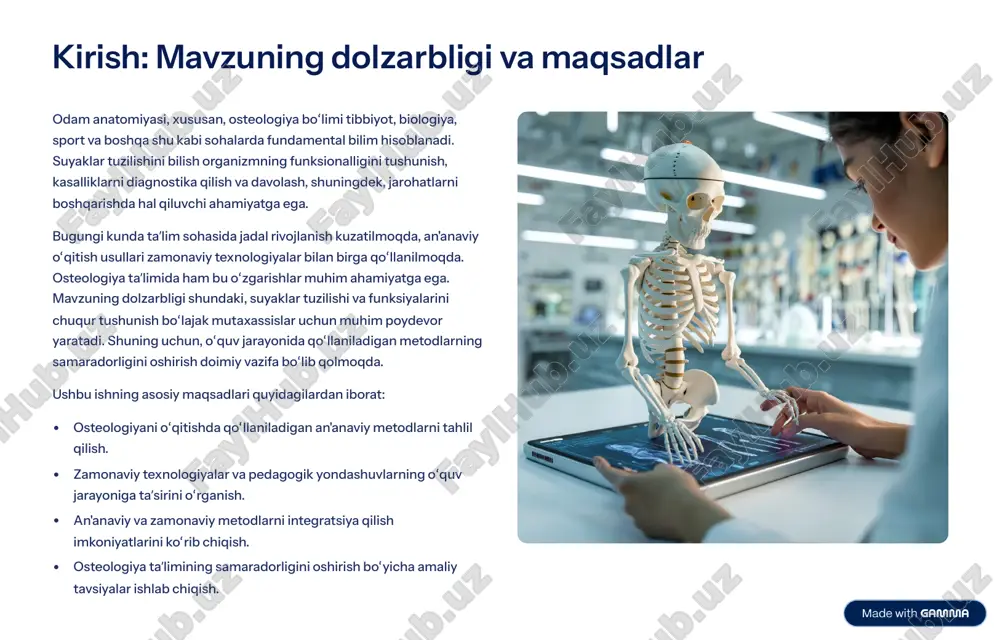 n'anaviy o»qitish metodlari asrlar davomida ta¾lim tizimining asosini tashkil etgan. osteologiya sohasida ham bu metodlar uzoq vaqtdan beri samarali qo»llanib kelinmoqda. ular asosan ma¾ruzalar, amaliy mashg»ulotlar, kollokviumlar va nazorat ishlaridan iborat. ma'ruzalar ma¾ruzalar talabalarga suyaklar tuzilishi, ularning joylashuvi, funksiyalari va birikmalari haqida tizimli nazariy bilimlarni berish uchun asosiy vositadir. professor-o»qituvchilar mavzuni tushuntirib, asosiy tushunchalarni taqdim etadilar. bu metod katta auditoriyaga bir vaqtning o»zida axborot uzatish imkonini beradi. odatda, slaydlardan, anatomik chizmalardan va ba¾zan haqiqiy suyak namunalaridan foydalaniladi. amaliy mashg'ulotlar amaliy mashg»ulotlar osteologiya ta¾limining eng muhim qismidir. talabalar bu mashg»ulotlarda haqiqiy inson suyaklari, skelet modellari, rentgenogrammalar va kompyuter tomografiya (kt) tasvirlari bilan bevosita ishlaydilar. bu ularga suyaklarning shakli, tuzilishi va o»zaro bog»liqligini o»rganish, palpatsiya ko»nikmalarini rivojlantirish va klinik holatlarni tushunishga yordam beradi. kollokviumlar va nazorat ishlari kollokviumlar va nazorat ishlari talabalarning o»zlashtirgan bilimlarini baholash va mustahkamlash uchun xizmat qiladi. og»zaki so»rov, yozma testlar, amaliy topshiriqlar kabi shakllarda o»tkazilishi mumkin. bu metodlar …
