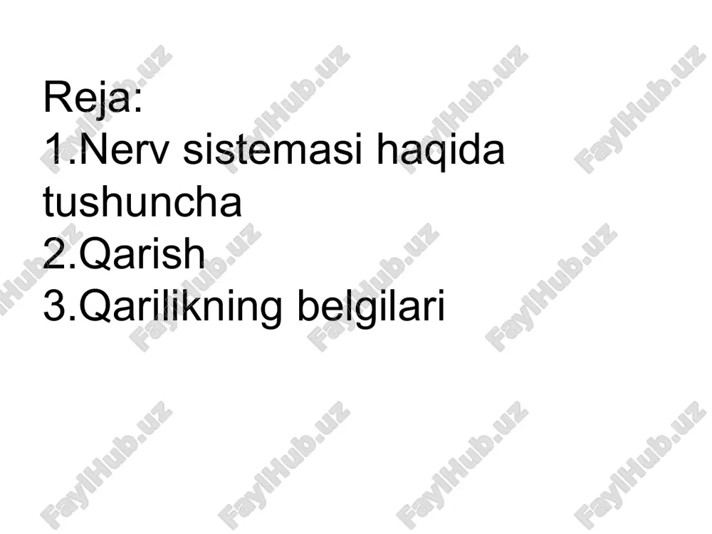 . odamlarning qarilik davri 75yoshdan keyin boshlanadi (90 yoshdan oshgan kishilar uzoq umr ko'ruvchilardir), bu fiziologik qarilikdir bunda aqliy va jismoniy quvvat, ma'lum ish gobiliyati, xushchaqchaqlik va atrofga qizigish saglanadi. turli noxush tashai va ichki ta'sirotlar barvagt yoki patologik q.ga olib keladi. odatda, q.ning dastlabki belgilari odamda yetuklik davridan (shartli ravishda 60yoshdan) so'ng boshlanadi. lekin aslini olganda, q. organizmning o'sishi va rivojlanishi to'xtagandan keyin sezila boshlaydi. mas, 30-35 yoshlarda biologik jarayonlarning faollik darajasi pasaya boshlaydi. qarish turli to'qima va a'zolarda bir vagtda boshlanmaydi va turli darajada kechadi, u organizm hujayralari yashash xususiyatlarining asta-sekin susaya borishidan iborat. xususan, bu kasallik davrida, jismoniy va ruhiy zo'riqishlarda bilinadi.qarish jarayoni, birinchi navbatda, yuraktomir va nerv sistemasiga ta'sir giladi; bunda bir faoliyatdan ikkinchisiga o'tish gobiliyati qiyinlashadi. tormozlanish jarayonining yetarli bo'masligi nerv sistemasi qo'zg'aluvchanligining oshishiga olib keladi, shu tufayli atrofdagi narsalarga moslanish va javob reaksiyalari sust ishlanib, sekin yo'goladi; emotsional beqarorlik kuchayadi. e’tiboringiz uchun rahmat! image1.png …