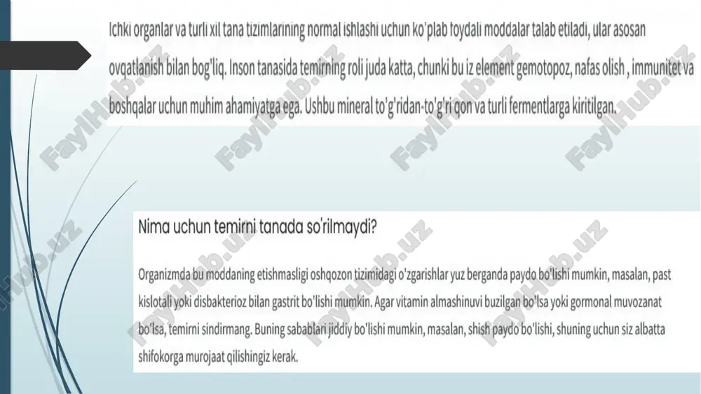 emir tanqisligi tufayli rivojlangan kamqonlikning klinik tasviri birinchi navbatda, tana to’qimalarida gaz almashinuvi buzilganligi tufayli anemik va sideropenik sindromni tashkil etadi. temir tanqisligi anemiyasining tashxisi: temir tanqisligi anemiyasi tashxisi vizual tekshirish, bemorning instrumental tekshiruvlari va qonning laboratoriya tahlillari natijalarini baholash ma’lumotlariga asoslangan. qonning umumiy tahlili: temir tanqisligi anemiyasining klinik tasvirida yoshga va jins me’yoriga nisbatan eritrositlar va gemoglobin miqdorining pasayishi, turli kattalikdagi eritrositlar (poykilotsitoz), mikrostitoz aniqlanadi. anemiyaning og’ir hollarida qonda asosan 7.2 mkm dan kichik bo’lgan eritrositlar uchraydi, gipoxrom, eritrositlarning rangi zaif, past rang ko’rsatkichi aniqlanadi. temir tanqisligi anemiyasi uchun biokimyoviy qon testining natijalari quyidagi ko’rsatkichlarga ega:  ferritin oqsili kontsentratsiyasining pastligi, u organizmda temir zaxirasi vazifasini bajaradi;  zardobli temir darajasi past bo’lishi;  qon zardobi temir biriktirish qobiliyatining oshishi temir tanqisligini dori-darmonlar bilan davolash: tanqislikning o’rta va og’ir shakllarida qo’shimcha sifatida yengil o’zlashtiriladifgan temir saqlovchi preparatlar buyuriladi. dori moddalari birikish turi, dozirovkasi, shakliga qarab farqlanadi: -- in’ektsiya uchun …