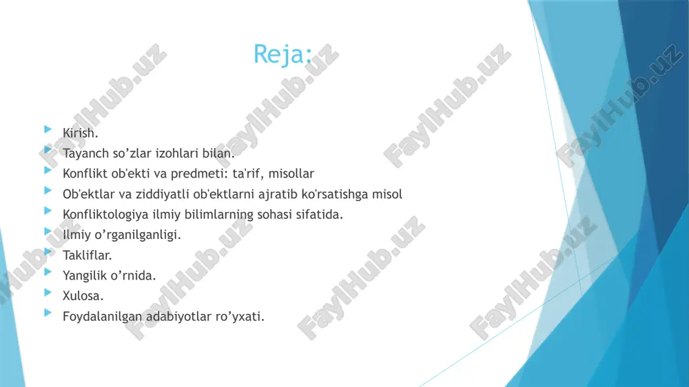 tli vaziyat natijasida manfaatlariga putur etgan shaxslar bilan birga, ularni ochiq yoki yashirin tarzda qo’llab quvvatlovchi tomonlar ham konflikt sub’ektlari hisoblanadi. diskamfort xolati – insonning ichki xissiyotlari, uylari va tuyg’ulari bilan bog`lik bulib, nimadir bulayotganligi anglanadi, ammo usha nimadir anik ta’rif etilmaydi, u anglashiladi, ammo uni suz bilan ifodalab bulmaydi.konflikt tabiy hodisadir. konflikt - oddiy hol. u har kuni biz bilan hamroh, hayotimizga tegishli. konflikt ob'ekti va predmeti: ta'rif, misollar psixologlar va psixoterapevtlar konfliktologiyani eng muhim ilmiy fanlardan biri deb bilishadi. u muammoli vaziyatni har tomondan o'rganadi - bu konfliktning ob'ekti va sub'ektini aniqlashga yordam beradi, uni qanday tartibga solish va tugatishni o'rgatadi. zamonaviy dunyoda bunday bilimlar nafaqat mutaxassislar, balki oddiy odamlar uchun ham juda foydali bo'lishi mumkin. konflikt konfliktologiya mavzusidir ko'pincha nizo deganda nizoning tugashi nizoning o'zi tugashi bo'lgan jarayon sifatida tushuniladi. ammo bundan tashqari, u o'ziga xos tuzilishga ega, u konfliktli vaziyatning sharoitlari va hajmiga bog'liq emas. bundan …