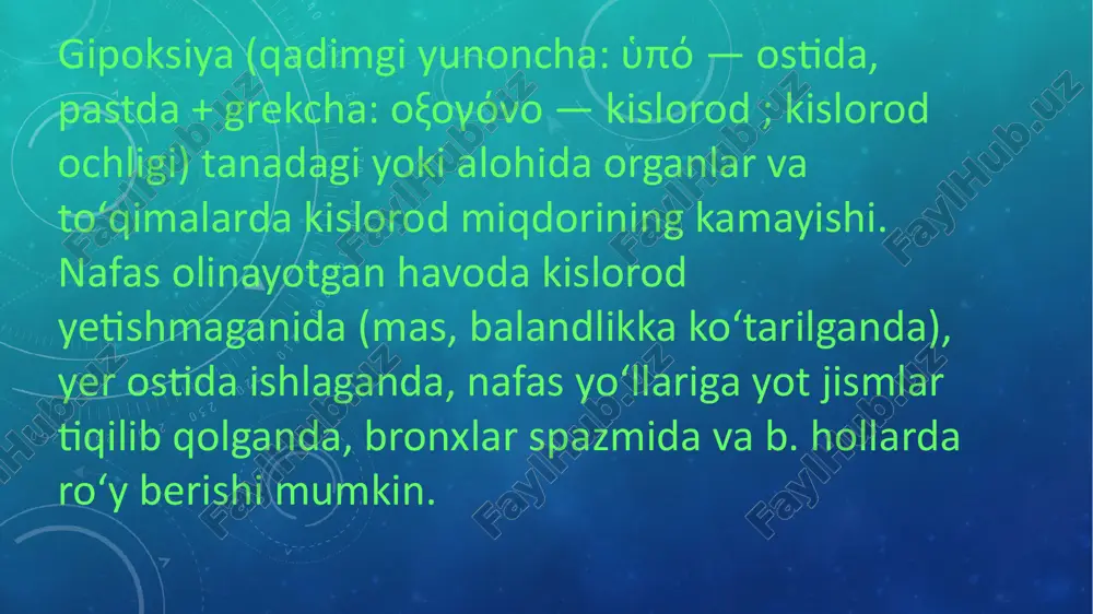 di. bu gipoksiyaga quyidagilar sabab boʻlishi mumkin nafas yoʻllarida oʻtkazuvchanlikning buzilishi (bronxospazm, yalligʻlanish jarayonlari, bronxitlar, traxeitlar), oʻpkaning rostlanishiga toʻsiqlar boʻlishi (pnevmotoraks, plevra boʻshligʻida ekssudatlar yigʻilishi) va boshqa nafas olish kasalliklarida ventilyatsiyaning pasayishi. sirkulyator (yurak-tomir) gipoksiya sirkulyator gipoksiya mahalliy va umumiy qon aylanishining buzilishida rivojlanib, uning ishemik va qonning harakatsiz toʻxtashi koʻrinishlarini ajratish mumkin. gemik (qon) gipoksiya gipoksiyaning bu turi qon tizimidagi patologik oʻzgarishlar asosan qonning effektiv kislorod sigʻimi kamayishi tufayli yuzaga keladi. gemik gipoksiya kamqonlik va gemoglobinning faoliyati buzilishi natijasida hosil boʻladigan gipoksiyalarga boʻlinadi. gemoglobinning co ga birikish qobiliyati kislorodga nisbatan 300 marta yuqori, bu esa is gazini juda zaharli ekanligini anglatadi; zaharlanish havoda, hatto uning ozgina miqdorida ham yuz beradi. bunda faqat gemoglobin emas, balki tarkibida temir boigan nafas fermentlarining faoliyati ham buziladi. nitrat, nitrit va anilin mahsulotlari bilan zaharlanishda metgemoglobin hosil bo'lib, u o‘zida uch valentlik (fe3+) temir tutadi va kislorodni biriktira olmaydi. toʻqima gipoksiyasi toʻqima gipoksiyasi — …