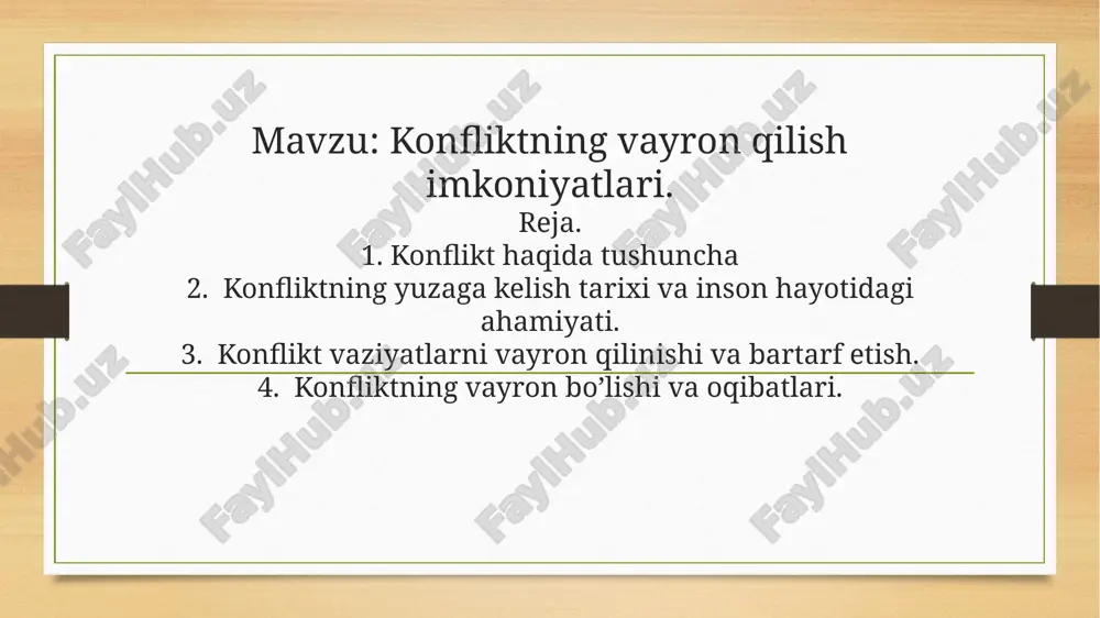 tlarlar boʻladiki, davr oʻtishi bilan ular barham topadi. . dunyoda yaratilgan asarlar konflikti zaminida taqdir taqozosi turgan boʻlsa, oʻrta asrlardagi asarlarda ilohiy kuch bilan insondagi shaytoniy xirs konfliktning asosini tashqil etadi. romantizm davrida voqelik, muhit, shart-sharoit bilan ideal oʻrtasida, yaxshilik bilan yomonlik, ruhiy erkinlik bilan turmush tashvishlari oʻrtasidagi ziddiyat hukmronlik qilgan, realizm tantana qilgan davrda inson mohiyati, uning istagi, imkoniyati bilan ijtimoiy-tarixiy shart-sharoit zaminida konflikt yuzaga kelgan. shunday boqiy mavzular borki (masalan, saxiylik va xasislik, vafodorlik va bevafolik, tiriklik va oʻlim), bularda konflikt har bir davrning maʼnaviy, ruhiy talab va ehtiyojlaridan kelib talqin qilinadi. shoʻrolar davrida — sotsialistik realizm metodi hukmronlik qilgan davrda konflikt zaminiga ijtimoiy-sinfiy antagonizm qoʻyilgan va bu ziddiyatning inqilobiy yoʻl bilan yechilishi talab qilingan, individual axloq bilan jamoa ongi oʻrtasidagi, xususiy mulkchilik ruhiyati bilan jamoat, xalq manfaati oʻrtasidagi kurash tarzida qoʻyilgan. shoʻro tuzumini tanqid qilish man etilgan va shu tufayli adabiyotda, ayniqsa dramaturgiyada konfliktsizlik "nazariya"si kelib chiqqan. …
