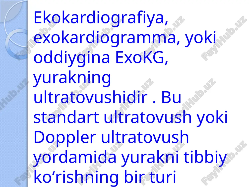 n bo’lgan yagona noqulaylik – bu gel va transduserdan ozgina sovuqlik. exokardiografiya paytida har qanday og’riq ultratovush ta’siriga bog’liq emas. xavfsizlik. jarayon har qanday yoshdagi bemorlar uchun xavfsizdir. bu deyarli hech qanday kontrendikatsiyaga ega emas. exokardiografiya keksalar, bolalar va homilador ayollarda o’tkazilishi mumkin. mrt bilan taqqoslaganda, exokardiografiya narxi past. ekg uchun narx biroz pastroq, ammo protseduraning o’zi kamroq ma’lumotga ega. yuqori ma’lumotli tarkib. exokg protsedurasi juda ma’lumotga ega. ultratovush tekshiruvi yordamida nafaqat yurak urishi va yurak urish tezligini, balki yurak hajmini, qon tomir funktsiyasini, kistalar va o’smalar mavjudligini ham baholash mumkin. e’tiboringiz uchun rahmat!!! image2.emf image3.jpeg image4.jpeg image5.jpeg