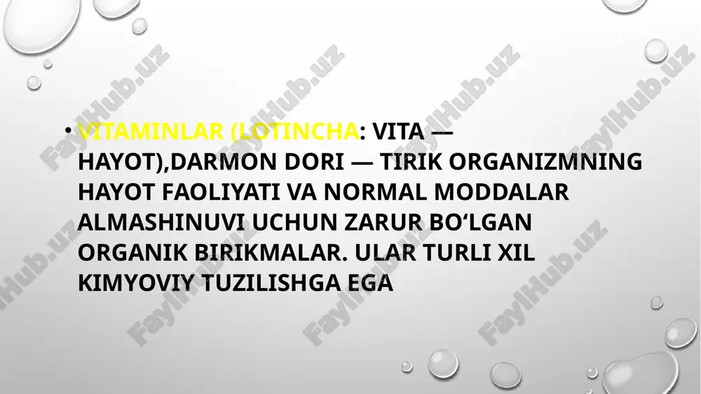 min boʻlmasa, polinevrit kasalligi roʻy beradi. organizmda bu vitamin boʻlmasa yoki yetishmasa, nerv sistemasining ogʻir kasalligi — beri-beri paydo boʻladi. piridoksin (v6 vitamin)— koʻpgina oʻsimlik va hayvon mahsulotlari: achitqi, bugʻdoy murtagi, jigar, baliq, mol goʻshti va dukkakli donda boʻladi. u oqsil va yogʻning normal hazm boʻlishini taʼminlab, azot almashinuvida muhim rol oʻynaydi. organizmda piridoksin yetishmasa bolalar oʻsmay qoladi, meʼda-ichak ishi buziladi, kamqonlik roʻy beradi. nikotinamid, nikotin kislota (rr vitamin) hujayralarning nafas olishida, oqsillar almashinuvida qatnashadi, organizmda oʻsimlik oqsillarining hazm boʻlishini tezlashtiradi, meʼdaning sekret va harakat faoliyatini normallashtiradi, meʼda osti bezi ishlab chiqaradigan sekret va shira tarkibini yaxshilab, jigar ishini barqarorlashtiradi. folat kislota ( vitamin) baʼzi aminokislotalar almashinuvida va sintezida, shuningdek nuklein kislotalar sintezida qatnashadi, koʻmikning qon yaratish funksiyasini kuchaytiradi, v12 vitamin-ning yaxshi oʻzlashtirilishiga yordam beradi. pantotenat kislota (v5 vitamin) — oʻsimlik va hayvon toʻqimalarida koʻp. nerv sistemasi hamda buyrak usti va qalqonsimon bezlar faoliyatini normallashtiradi. kalsiferol (d vitamin) moddalarning mineral …