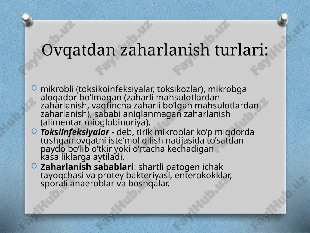 tozalash lozim. umumiy ovqatlanish va oziq-ovqat mahsulotlarining yig’ilib qolishiga yo’l qo’ymaslik kerak. toksiinfeksiyaning oldini olish uchun hayvonlarni so’yishda va fermalarda sanitariya-veterenariya nazorati o’rnatiladi. oziq-ovqat ob‘ektlarining xizmatchilarini tibbiy tekshiruvidan o’tkazish va ular batsilla emasligini tekshirib ko’rish shart. toksikozlarga botulizm hamda stafilokkokli toksikozlar kiradi. zaharlanish o’tkir boshlanib organizmga toksik zarar yetkazadi sporali anaeroblar – klostridium perfringens qo‘zg‘atgan ovqat toksikoinfeksiyalari. hozirgi kunda 12 turda toksin moddalar alfa, betta, gamma va boshqalarni ajratadigan a, v ,s, e, g, d, kl.perfringens turli ovqat toksikoinfeksiyalarining qo’zg’atuvchilari hisoblanadi. go’sht, kolbasa, sut mahsulotlari kl.perfringens bilan zararlanishi mumkin. klinikasi. kasallik ikki ko’rinishda namoyon bo’ladi: a) yashirin davr 6-22 soat davom etadi. kasallik to’satdan boshlanadi: bemorning ko’ngli ayniydi, qusadi, ichaklari spazmga uchraydi, ko’p marta (kuniga 20 martagacha) ichi ketadi, axlatidan badbo’y hid keladi, ko’p el ajraladi. og’ir hollarda qo’l-oyoq mushaklari tortishadi, ba‘zan arterial bosim tushib ketadi; b) kasallik nekrotik enterit ko’rinishida xam kechib ichaklarning bir qismi yiringlay boshlaydi, natijada bemor …