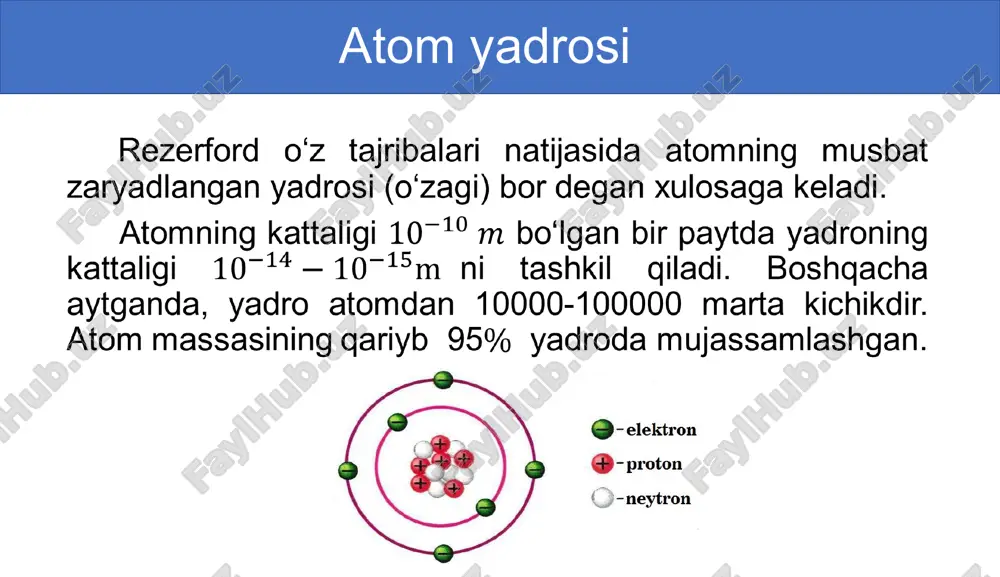 n turlichadir. sehrli yadrolar. tajribalarning ko‘rsa-tishicha, tarkibidagi protonlari yoki neytron-lari 2, 8, 20, 28, 50, 82, 126 sonlarga teng bo‘lgan yadrolar sehrli yadrolar deyiladi. ikki karra sehrli yadrolar yanada barqarordir. bunday yadrolarning o‘zi beshtagina: . atom energiyasining birligi. bir atom energiyasi birligi deb, bir atom massa birligiga to‘g‘ri keluvchi energiyaga aytiladi: 1 a. e. b. = 1 1 m.a.b.= 1 massa atom birligi uglerod atomi massasining 1/12 qismiga teng edi: masala: elementlarining yadrosi tarkibini aniqlang. yechish: : , 1) 2) javob: 19 ta proton, 39 ta nuklon, 20 ta neytron bor. 26 ta proton, 56 ta nuklon, 30 ta neytron bor. 1. mavzuni o‘qish va mavzuga oid savollarga javob yozish. (163-bet). 2. mendeleyev davriy sistemasidagi ixtiyoriy 10 ta element yadrosi tarkibini aniqlash. mustaqil bajarish uchun topshiriqlar image1.png image2.png image3.wmf image4.png oleobject1.bin image5.png oleobject2.bin image6.png image7.jpg image8.png image9.png image10.png image11.png image8.wmf oleobject3.bin image9.wmf oleobject4.bin image12.png image13.png image14.png /docprops/thumbnail.jpeg