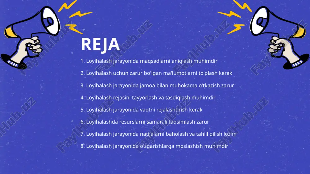 jamoaviy yechim topishga yordam beradi. yangi g'oyalarni rivojlantirish - jamoa bilan muhokama o'tkazish yangi g'oyalarni rivojlantirishga xizmat qiladi. har bir a'zoning taklifi, loyiha sifatini oshirishga imkon yaratadi. motivatsiya va hamjihatlik - jamoa muhokamalari, a'zolar orasida motivatsiya va hamjihatlikni kuchaytiradi. birgalikda ishlash ijobiy natijalarga olib keladi. 5 loyihalash rejasini tayyorlash va tasdiqlash muhimdir rejaning asosiy maqsadi - loyihalash rejasining asosiy maqsadi loyiha jarayonlarini samarali va tizimli ravishda boshqarishni ta'minlashdir tahlil va rejalashtirish - reja tayyorlash jarayonida tahlil va rejalashtirish muhim rol o'ynaydi, bu resurslarni optimal taqsimlashni va qiyinchiliklarni oldini olishni ta'minlaydi tasdiqlash jarayoni - reja tasdiqlash jarayoni loyiha manfaatdor tomonlarining ro'yxatga olish va fikr分享 qilish imkoniyatini yaratadi monitoring va baholash - loyiha davomida rejaning amalga oshirilishini monitoring qilish va baholash loyiha muvaffaqiyatini ta'minlaydi 6 loyihalash jarayonida vaqtni rejalashtirish kerak vaqtni samarali boshqarish - loyihalash jarayonida vaqtni samarali boshqarish muhim ahamiyatga ega. bu jarayonda har bir bosqichni aniq belgilash va uning muddatlarini …