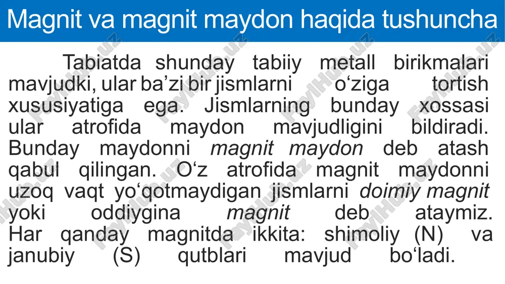 jinsli magnit maydon induksiya chiziqlariga tik joylashtirilgan. halqadan o‘tayotgan magnit oqimi qanday? 1-mashq 1-masala berilgan: formula: yechish: r = 4 cm = 0,04 m f= b· δs f=0,5 t∙3,14∙ b = 0,5 t ∙= f= b· = 0,02512 wb = = 25,12 mwb t.k: f-? j: f = 25,12 mwb mavzuni o‘qish (4-6-betlar), 7-betdagi mavzuga doir savollarga javob yozish. 1-mashq (20-bet) 2-,3-masalalarni yechish. mustaqil bajarish uchun topshiriqlar image1.png media1.mp4 image2.png image3.jpg image4.jpg image5.jpg image6.png image7.jpg image8.jpg image9.png image10.png image100.png image11.png image12.png /docprops/thumbnail.jpeg