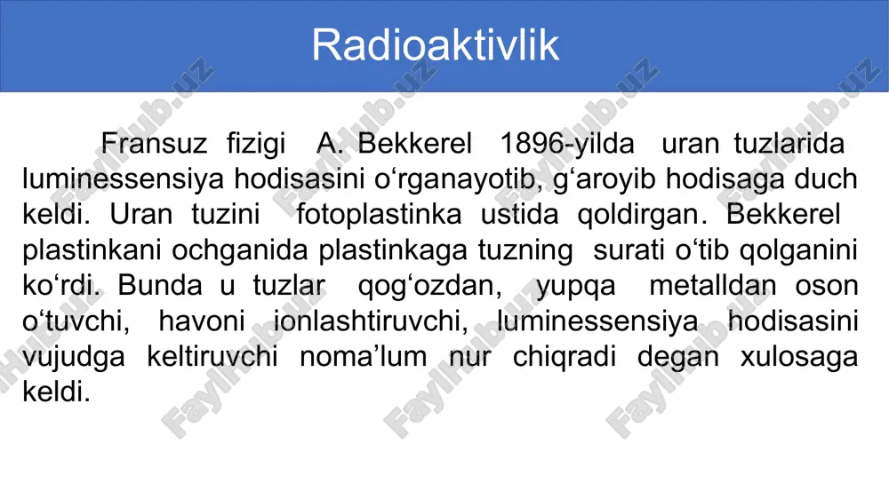 ugaydi. 7-mashq 9-masala (186-bet) radioaktiv elementning faolligi 8 kunda 4 marta kamaydi. uning yarim yemirilish davri qancha? formula va yechish: javob: berilgan: topish kerak: radioaktivlik deb nimaga aytiladi? radioaktiv yemirilish qonunini tushuntiring. yarim yemirilish davri deb qanday kattalikka aytiladi? 7-mashqning 8-masalasini yechish. mustaqil bajarish uchun topshiriqlar image1.png image2.png image3.wmf oleobject1.bin image3.png media1.mp4 image4.png image40.png image5.png image5.jpg image6.png image7.png image8.png /docprops/thumbnail.jpeg