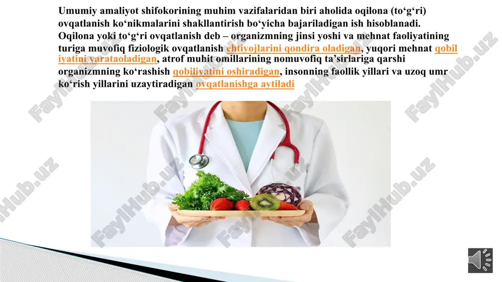 loriya qiymatini kamaytirib, uykudan 2 soat oldin istemol qilinadigan kechki ovqatning kaloriyalik qiymatini oshirish tavsiya etiladi. oqilona ovqatlanishga bir qator aniq gigiyenik talablar qo‘yilib, ularning asosiylari quyidagilar hisoblanadi: 4.kunlik ratsiondagi taomlar to‘plami turli xil bo‘lmog‘i darkor, shu bilan birga ovqat ratsioniga albatta yil faslini hisobga olib sabzovot va mevalarni qo‘shish tavsiya etiladi. 5.mahsulotlar to‘plamini tanlashda organizmning fermentlarga doir holatini, ovqatlanishdagi milliy ananalar inobatga olinishi kerak. 6.ratsionga kiritiladigan ovqat mahsulotlari sifatli bo‘lishi kerak ya’ni o‘z tarkibida organizmga zarar keltiradigan moddalarni tutmasligi lozim. barcha gigienik talablarga muvofiq keladigan amaldagi ovqatlanish, va birinchi navbatda organizmning fiziologik ehtiyojiga mos keladigan ovqatlanishga adekvat ovqatlanish deyiladi ratsional ovqatlanish o’zgaruvchan qiymat bo’lib, jins va yoshga qarab o’zgarib insonlarning etnik kelib chiqishi hamda jismoniy holatiga, psixo- emotsional faollik darajasiga, salomatlik holati hamda tashqi muxit omillariga bog’liqdir. bu shuni anglatadiki, foydali ta‘sirga erishish uchun barcha muhim oziq moddalar ma‘lum nisbatda (muvozanatlangan) bo’lishi lozim. nafaqat etishmovchilik, balki ozuqa moddalarining asosiy …