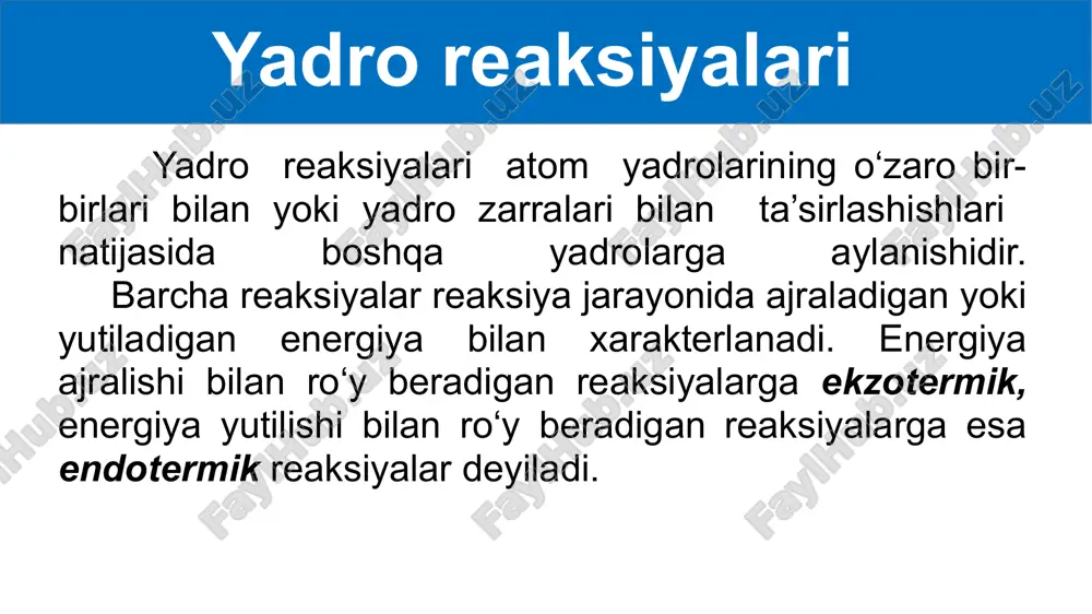 ngan holatdagi yadroni hosil qiladi: ikkinchi bosqichda esa g‘alayonlangan yadro c yadro reaksiyasi mahsulotlariga parchalanib ketadi: radioaktiv nurlar alfa beta gamma qog‘oz alyuminiy qo‘rg‘oshin alfanurlanish atom yadrosining zarra chiqarish bilan boshqa yadroga aylanishi alfanurlanish (yemirilish) deyiladi. agar ona yadro bo‘lsa, nurlanish natijasida bu yadroning boshqa yadroga aylanishi quyidagi sxema asosida ro‘y beradi: a) alfa – yemirilish faqat og‘ir yadrolar uchun o‘rinli; b) aktiv yadrolarning yarim yemirilish davri dan yilgacha; d) bir moddaning yadrolaridan uchib chiquvchi zarralarning hammasi bir xil energiyali. ( e) yarim yamirilish davri uchib chiquvchi zarralarning energiyasiga bog‘liq. zarralar energiyasi qancha kichik bo‘lsa, yarim yemirilaish davri shuncha katta bo‘ladi. betta nurlanish yadro elektronlar oqimini chiqarishi -nurlanish (yemirilish) deb nomlanadi. nurlanish natijasida kimyoviy element mendeleyev davriy sistemasida bir katakka o‘ngga siljiydi. nurlanish fransuz fizigi p. villar 1900-yilda qo‘rg‘oshinniva zarralar bilan nurlantirilganda qandaydir qoldiq nurlanish bo‘lishini aniqlagan. bu nurlanish magnit maydon ta’sirida o‘z yo‘nalishini o‘zgartirmagan. ionlashtirish qobiliyati ancha kichik, singish …