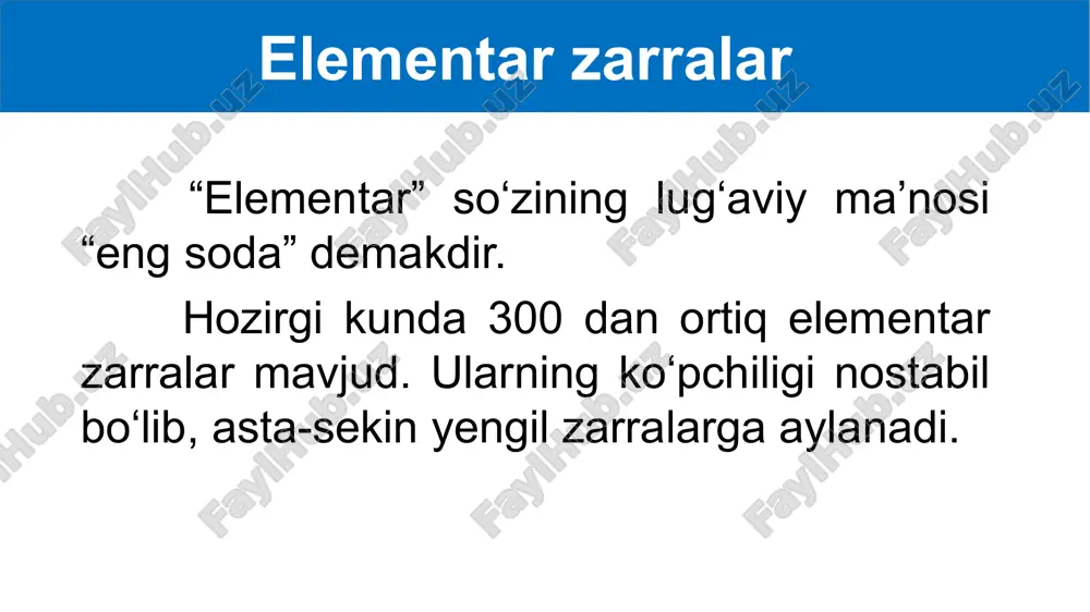 antizarrasi, ya’ni massasi va spini teng, zaryadi esa qarama-qarshi bo‘lgan zarra mavjudligi aniqlangan. modda va maydonning bir-biriga aylanishi elektronning o‘z antizarrasi – pozitron bilan uchrashuvi ularning elektromagnit nurlanish kvantiga aylanishiga va energiya ajralishiga olib keladi. bu hodisa annigilatsiya deyiladi: kvant energiyasi elektron va pozitronning tinchlikdagi energiyalari yig‘indisidan katta. elementar zarralar ta’sirlashuvining turlari: kuchli, elektromagnit, kuchsiz va gravitatsion. adronlarbarcha turdagi fundamental ta’sirlashuvlarda ishtirok etadi. barionlar + 1 barion zaryadiga, antizarralari esa –1 barion zaryadiga ega. mezonlarning barion zaryadi nolga teng. barionlarning spini yarim sonli, mezonlarniki esa butun son. nuklonlar va nuklonlarga bo‘linadigan og‘irroq zarralar ham barionlarga kiradi. massasi nuklonning massasidan katta bo‘lgan barionlarga giperonlar deyiladi. leptonlar – kuchli ta’sirlashuvdan boshqa har uchala ta’sirlashuvlarda ham ishtirok etadi. leptonlar (“leptos” yunoncha – yengil) elektronlar, pozitronlar, – mezonlar va neytrinolardir. leptonlar + 1 lepton zaryadiga, antizarralari esa –1 lepton zaryadiga ega. fotonlar – gravitasion va elektromagnit ta’sirlashuvda ishtirok etadigan zarralar. gravitonlar – faqat gravitatsion …