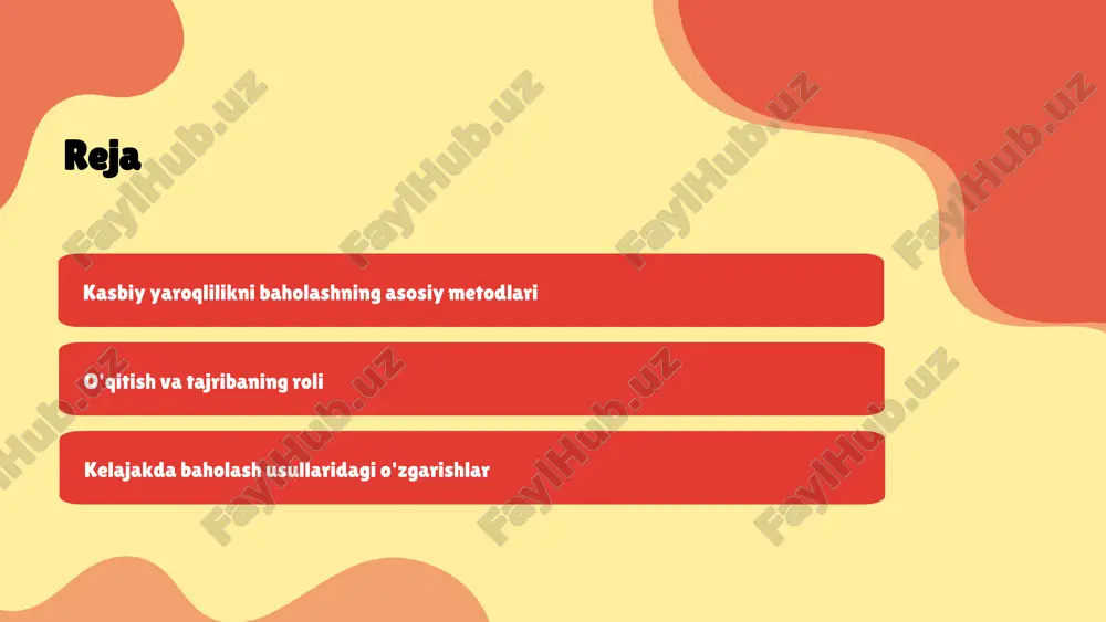 larini amaliyotda qo'llay olishini baholashdir. 1 2 4 anketalar va so'rovnomalar anketalar yordamida yaroqlilikni baholash usullari tibbiy xodimlarning kasbiy ko'nikmalarini aniqlashda muhim ahamiyatga ega. ushbu anketalar savollar orqali xodimlarning bilim va tajribalarini baholash imkonini beradi. so'rovnomalarda berilishi kerak bo'lgan savollar quyidagilarni o'z ichiga olishi mumkin: 1) sizning kasbiy tajribangiz haqida ma'lumot bering; 2) muammolarni qanday hal qilasiz?; 3) qanday qarorlar qabul qilasiz? olingan natijalarni tahlil qilishda statistik usullar, masalan, o'rtacha qiymat va standart og'ishlarni hisoblash, xodimlarning kasbiy yaroqliligini baholashda yordam beradi. intervyu metodlari intervyu o'tkazish jarayoni professional mutaxassislarning kasbiy yaroqliligini baholashda muhim ahamiyatga ega. bu jarayonda intervyu beruvchilar va intervyu oluvchilar o'rtasidagi savol-javob asosida bilim va ko'nikmalar haqida ma'lumot to'planadi. intervyu turlari: - strukturalangan intervyu: oldindan belgilangan savollar bo'yicha o'tkaziladi, bu natijalarni taqqoslash va tahlil qilishni osonlashtiradi. - yarim strukturalangan intervyu: ba'zi savollar oldindan tayyorlangan, lekin intervyu davomida qo'shimcha savollar berish imkoniyati mavjud. - strukturalanmagan intervyu: erkin tarzda, suhbat shaklida …