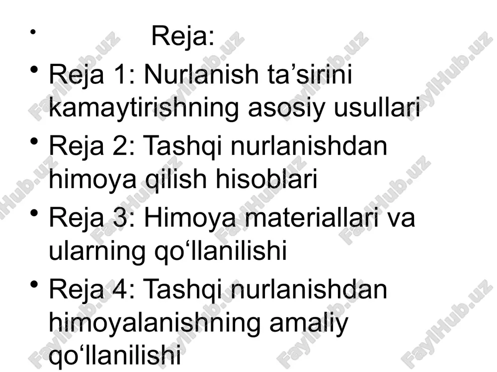 nurlanish turlari uchun doza koeffitsienti mavjud bo’lib, bu materialning qalinligi va turi bilan birgalikda hisoblanadi. bunda, himoya materialining zararlanish darajasi aniqlanadi 2. shielding (himoya) tenglamalari: bir qancha fizik tenglamalar mavjud, masalan, berthelot formulasini ishlatish orqali himoya materialining zarur qalinligini hisoblash mumkin. bu tenglama himoya materialining xususiyatlarini (yopish uchun zarur qalinlik) aniqlashda yordam beradi 3. monte-karlo simulyatsiyasi: tashqi nurlanishdan himoya qilishni yanada aniqroq hisoblash uchun monte-karlo usuli ishlatiladi. bu metod tasodifiy jarayonlar orqali nurlanishning materialga ta’sirini simulyatsiya qiladi tashqi nurlanishning turlari tashqi nurlanish turli xil bo’lishi mumkin, ularning har biri turli materiallarga turlicha ta’sir qiladi. quyidagi nurlanish turlari keng tarqalgan 1. gamma nurlanishi: gamma nurlari — bu yuqori energiyali fotonlar bo’lib, ular kuchli o’tkazuvchanlikka ega va materiallar orqali oson o’tib ketadi. bu turdagi nurlanishdan himoya qilish uchun, odatda, og’ir materiallar, masalan, beton yoki blyanx ishlatiladi 2. neytronlar: neytronlar — bu elektr zaryadsiz zarrachalar bo’lib, ionlashtiruvchi nurlanishga olib keladi. neytron nurlanishiga qarshi …