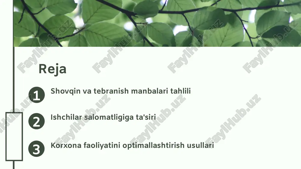 bu esa kuchli tebranishlarga olib keladi. shamol va suv oqimlari ham tabiiy tebranish manbalaridan hisoblanadi. texnik tebranish manbalari texnik tebranish manbalari asosan inson faoliyati natijasida hosil bo'ladi. sanoat uskunalari, qurilish mashinalari va transport vositalari ishlaganda tebranishlar paydo bo'ladi. bu tebranishlar ko'pincha muhitga salbiy ta'sir ko'rsatishi mumkin. tebranish manbalarining xususiyatlari har bir tebranish manbasining o'ziga xos xususiyatlari bor. tabiiy manbalar ko'pincha uzoq masofalarga tarqaladi va kuchli bo'lishi mumkin. texnik manbalar esa, odatda, qisqa masofalarga ta'sir qiladi va ular ko'proq boshqariladigan jarayonlar orqali boshqarilishi mumkin. xulosa photo by jane on unsplash 04.26.24 04.26.24 shovqin manbalarining ta'siri shovqin manbalarining inson salomatligiga ta'siri haqida statistik faktlar keltiriladi. shovqin manbalari inson salomatligiga turli xil salbiy ta'sir ko'rsatishi mumkin. quyida shovqinning asosiy salbiy ta'sirlari keltirilgan: - stress: doimiy shovqin inson psixologiyasiga salbiy ta'sir ko'rsatadi. - uyqusizlik: shovqin tufayli uyqu sifatining pasayishi mumkin. - yurak-qon tomir kasalliklari: doimiy shovqin 85 db dan yuqori bo'lsa, yurak-qon tomir kasalliklari …