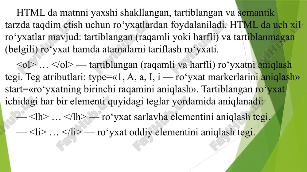 texnologiyalar muhandislik dasturlari o'rnatilgan tizimlar yoki bilan matnni kiritish mumkin. farqi shundaki, ni ichiga ma’lumotni kirgizilsa yozilgan ma’lumot xat boshida bo’ladi. jadvallar-bu web sahifalarda maʼlumotlarni (vizual) tashkil qilishning muhim vositalaridan biridir. bizga maʼlumki htmlda, bezatish elementlarini aniq koordinatalar boʻyicha joylashtirish vositalari mavjud emas. shuning uchun jadvallardan shu maqsadda foydalanish maqsadga muvofiq. jadvallarni web sahifaga joylashtirib, ularning kataklariga bezatish elementlarini joylashtirish mumkin. bundan tashqari yana freymlar deb ataluvchi vositalar yordamida ham bu ishlarni amalga oshirish mumkin. lekin bu vosita oxirgi vaqtlarda web masterlar orasida oʻz ommaviyligini yoʻqota boshladi. biz freymlarga keyingi maʼruzamizda batafsil toʻxtalamiz. jadvallardan toʻlaligicha foydalanish qoidalarini bilish uchun ularning tuzilishini yaxshi bilish talab qilinadi. jadval tuzishda ishlatiladigan teglarni tasniflashdan avval, oddiy jadval tuzish sxemasi bilan tanishib chiqsak. har qanday jadval quyidagi sxema boʻyicha tuziladi: har qanday jadvalda qatorlar va ustunlar mavjud boʻladi. jadvalning boʻlakchalarida (yacheyka) esa axborot kiritilishi mumkin. yuqorida keltirilgan misoldan koʻrinib turibdiki, bitta ustun, bitta qator va …