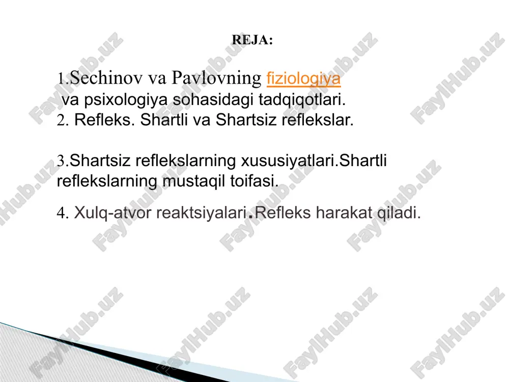 armakologiya professori etib tayinlanguniga qadar qashshoqlikda yashadi. u hayvonlarni oʻrgatish ustida ishlagan. shundan soʻng u jarrohlik usulini ishlab chiqdi. 1886-yilda u ovqat hazm qilish apparatini oʻrganadi. 1889-yilda u hayvon ovqatlanayotganda oshqozondagi bezlar nima sababdan meʼda shirasini ishlab chiqarishini oʻrganib chiqdi refleks - bu markaziy asab tizimi tomonidan amalga oshiriladigan va boshqariladigan ichki yoki tashqi stimulga tananing javobidir. shartsiz reflekslar nima? shartsiz refleks - bu ota-onadan avloddan meros bo'lib o'tgan ichki yoki atrof-muhit ta'siriga tananing tug'ma stereotipli reaktsiyasi. u butun umri davomida inson bilan qoladi. refleks yoylari miya orqali o'tadi va miya yarim korteksi ularning shakllanishida ishtirok etmaydi. shartsiz refleksning ahamiyati shundaki, u inson tanasining to'g'ridan-to'g'ri ajdodlarining ko'p avlodlari bilan birga bo'lgan atrof-muhitdagi o'zgarishlarga moslashishini ta'minlaydi. qanday reflekslar shartsiz? shartsiz refleks asab tizimi faoliyatining asosiy shakli, qo'zg'atuvchiga avtomatik javobdir. va insonga turli omillar ta'sir qilganligi sababli, reflekslar boshqacha bo'ladi: oziq-ovqat, mudofaa, indikativ, jinsiy ... tuprik, yutish va emish oziq-ovqat hisoblanadi. himoya …