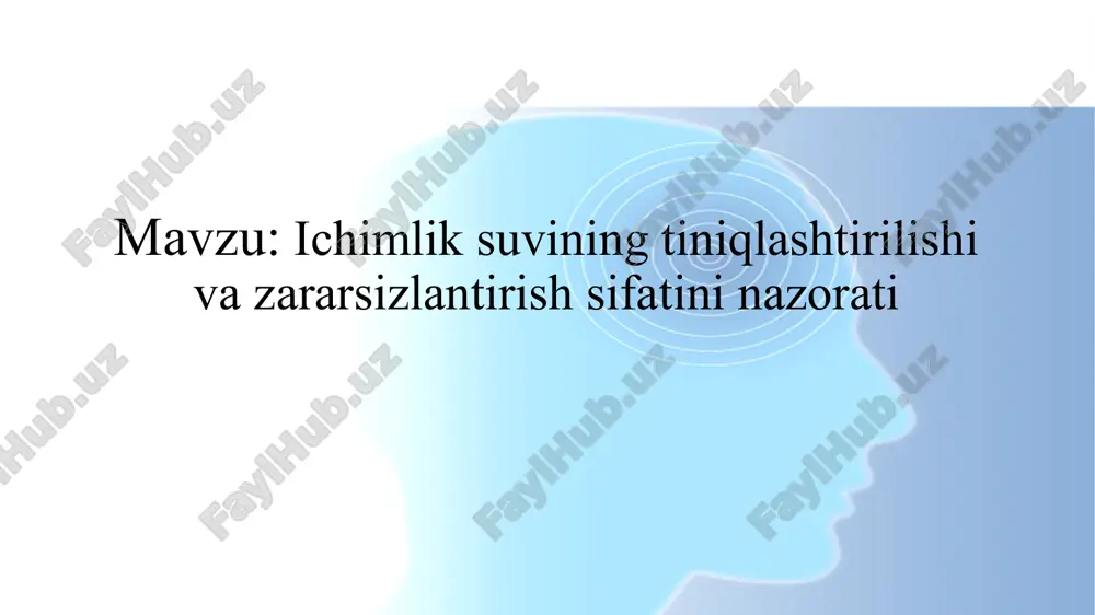 ni yo'q qilishda samarali hisoblanadi. ozon suvda mavjud bo'lgan organik moddalarni oksidlaydi va bakteriyalarni o'ldiradi. ushbu usul ham kimyoviy moddalarsiz ishlaydi, lekin ozon tez parchalanadi, shuning uchun uni ishlab chiqarish va saqlash qiyinroqdir sifat nazorati bosqichlari kimyoviy analiz: biologik analiz: fizik nazorat: kimyoviy analiz: suvdagi ifloslantiruvchi moddalarning miqdorini aniqlash uchun laboratoriya sharoitida analizlar o'tkaziladi. bu jarayonda ph, kimyoviy kislotali, og'ir metall va boshqa zararli moddalar aniqlanadi biologik analiz: suvda bakteriyalar va mikroorganizmlarni aniqlash uchun mikrobiologik tekshiruvlar o'tkaziladi. buning uchun turli xil metodlardan, jumladan, kultivatsiya va pcr (polymerase chain reaction) usullaridan foydalaniladi fizik nazorat: suvning rang, hidi va lazzatini baholash uchun sensorli va laboratoriya usullari qo'llaniladi. suvning ko'rinishi va hidi, shuningdek, uning sifatini belgilaydigan muhim omillar hisoblanadi standartlar va normativlar ichimlik suvi uchun standartlar va normativlar davlat va xalqaro tashkilotlar tomonidan belgilangan. masalan, jahon sog'liqni saqlash tashkiloti (who) va aqshning atrof-muhitni muhofaza qilish agentligi (epa) ichimlik suvi sifatiga doir qoidalarni ishlab …