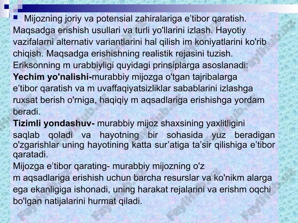 yordam beradi va shaxsiy va korporativrivojlanish uchun eng sam arali yo'nalishni yaratishga yordam beradi. biz odam larga ularning atrofidagi dunyo o'z dunyoqarashini o'zgartirish imkonini berish, mavjud vaziyatlar haqida tasaw u rlarga ega bo'lishida yordam beramiz. "shaxsiy samaradorlik bo'yicha koucherlik" tushunchasi, dasturlarimiz asosidagi texnologiyalar ijodkorlikning jadal o'sishini rag'batlantiradi va jam oalarda m uloqot va o'zaro hamkorlik sifatini yangi bosqichga olib chiqadi. koucherlik bilan shug'ullanish. psixoterapiya va koucherlik. davolash va m aslahatdan farqli o'laroq, kouchingda bir kishi yashaydi yoki qanday his sabab bo'lishi mumkin bolalik yoki o'tgan salbiy tajribalar haqida o'ylash emas. konsalting va koucherlik konsultantning vazifasi inson yoki tashkilotning muammolarini aniqlash va muammolarni hal qilish bo'yicha bilim va tajribaga asoslangan yechim larni taklif qilishdir; ko'pincha ular ushbu yechimlarni o'zlari amalga oshiradilar. murabbiyning vazifasi mijozga o'z yechimlarini ishlab chiqarishga yordam berish uchun texnik va vositalardan foydalanish, so'ngra ularni bajarishda mijozlarni qo'llab-quvvatlashdir. koucher - bu quyidagi ko'nikm a va qobiliyatlarga ega bo'lishi kerak …