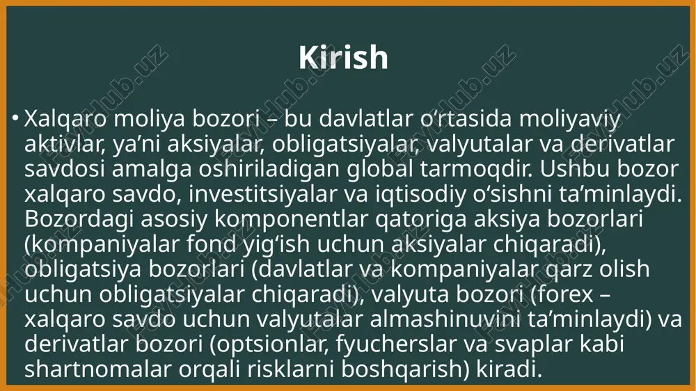 c) xalqaro moliya bozorlarini tartibga solishda katta rol o‘ynaydi, inflyatsiyani nazorat qilish va bozorlarni barqarorlashtirish choralarini qo‘llaydi. transmilliy kompaniyalar uchun aqsh gaap va ifrs kabi standartlarga rioya qilish talab etiladi, bu daromadlarni tan olish va moliyaviy hisobotlarni taqdim etishdagi farqlarni hal qiladi. kriptovalyutalar uchun regulyatsiyalar rivojlanmoqda, bu bozor qabul qilish va barqarorligiga ta’sir qiladi. xalqaro moliya bozorining asosiy ishtirokchilari va regulyatsiyasi rivojlanish usullari moliyaviy bozorlarning funktsional ramkasi va bosqichma-bosqich rivojlanishi: moliyaviy bozor rivojlanishini o‘rganish uchun ramka moliyaviy tizim dizaynining funktsional ko‘rinishiga asoslanadi. u qarz oluvchilar, qarz beruvchilar, likvidlik ta’minlovchilar va regulyatorlar kabi asosiy ishtirokchilarning rag‘batlariga e’tibor qaratadi. moliyaviy instrumentlarda ikkita asosiy murosaga e’tibor beriladi: muddat va garov o‘rtasidagi va ustunlik va nazorat o‘rtasidagi savdo. rivojlanish bosqichlari birlamchi va ikkilamchi bozorlarning rivojlanishini o‘z ichiga oladi, obligatsiyalar, tijorat qog‘ozlari, qoplangan obligatsiyalar va imtiyozli aksiyalar kabi instrumentlar orqali. texnologik innovatsiyalar va raqamlashtirish: fintech (moliyaviy texnologiyalar), blokcheyn va sun’iy intellekt bozor samaradorligini oshiradi. masalan, …