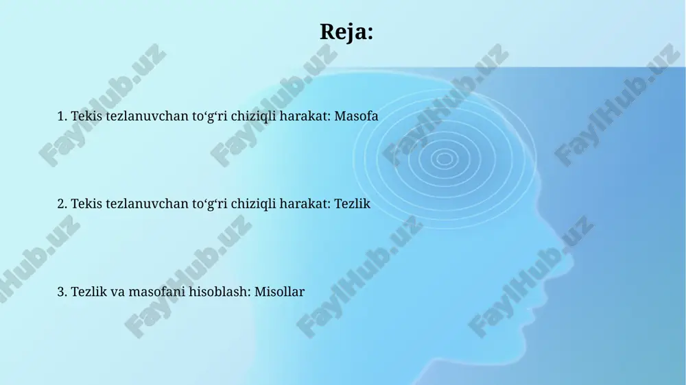 keltirib chiqaradigan kimyoviy yoki mexanik reaktsiyalar zanjirini boshlaydi. kirishning asosiy vazifasi nishonga to'g'ri kelganda snaryad yoki raketa kallagi kabi o'q-dorining to'liq potensialini ishga tushirishdir, shuning uchun ham xavfsizlik juda muhimdir. tezlikning vaqtga bogʻliqligi tezlikning vaqtga bog'liqligi, boshlang'ich tezlik (v₀) va doimiy tezlanish (a) orqali ifodalanadi: v = v₀ + at. bu tenglama, vaqt (t) o'tishi bilan tezlik qanday o'zgarishini ko'rsatadi. tezlikning vaqtga bog'liqligi grafigi (v-t grafigi) to'g'ri chiziq bo'ladi, uning qiyaligi esa doimiy tezlanish (a) ga teng. chiziqning y kesishi boshlang'ich tezlik (v₀) ni ifodalaydi. xulosa olingan natijalar shuni ko'rsatdiki, boshlang'ich tezlik (v0) nolga teng bo'lmagan taqdirda ham, tezlanish doimiy bo'lib qoladi, lekin masofani hisoblashda boshlang'ich tezlikni hisobga olish zarur (d = v0*t + 1/2 * a * t^2). xulosa shuni ko'rsatadiki, tekis tezlanuvchan to'g'ri chiziqli harakatda tezlikning o'zgarishi doimiy tezlanishga mutanosib, masofa esa vaqtning kvadratiga proportsional bo'ladi (d = 1/2 * a * t^2). e'tiboringiz uchun rahmat @taqdimot_robot image3.jpg …