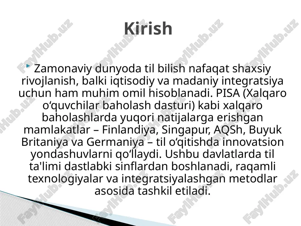 2 (masalan, nemis, ispancha, rus yoki fransuz tillari, 3-8-sinflarda). finlandiyada til o‘qitish tajribasi o‘qitish metodlari "raqamli-taktil pedagogika"ga asoslangan: guruh va juftlik ishlar, lego bloklaridan foydalangan holda nemis tili sintaksisini o‘rgatish kabi innovatsiyalar qo‘llaniladi. raqamli vositalar (masalan, onlayn platformalar) o‘quvchilarning og‘zaki va yozma ko‘nikmalarini baholashda ishlatiladi singapur ikki tilli ta'lim siyosati bilan mashhur: ingliz tili barcha fanlar uchun o‘quv vositasi bo‘lib, ona tili (xitoy, malay yoki tamil) ikkinchi til sifatida o‘rganiladi. bu siyosat 1965 yildan joriy etilgan va maktablarning 100% da qo‘llaniladi. boshlang‘ich va o‘rta maktablarda ingliz tili va ona tili majburiy, shuningdek, xorijiy tillar (fransuz, nemis, yapon) ixtiyoriy dasturlar orqali taklif etiladi. singapurda til o‘qitish tajribasi o‘qitishda "dars tadqiqoti" (lesson study) usuli qo‘llaniladi – o‘qituvchilar guruhlarda yangi strategiyalarni sinab ko‘radi, masalan, interaktiv o‘yinlar va raqamli simulyatsiyalar orqali til ko‘nikmalarini rivojlantirish. baholash milliy imtihonlar (o-level) orqali amalga oshiriladi, bu esa ona tilidagi zaifliklarni bartaraf etishga yordam beradi. buyuk britaniyada zamonaviy xorijiy …