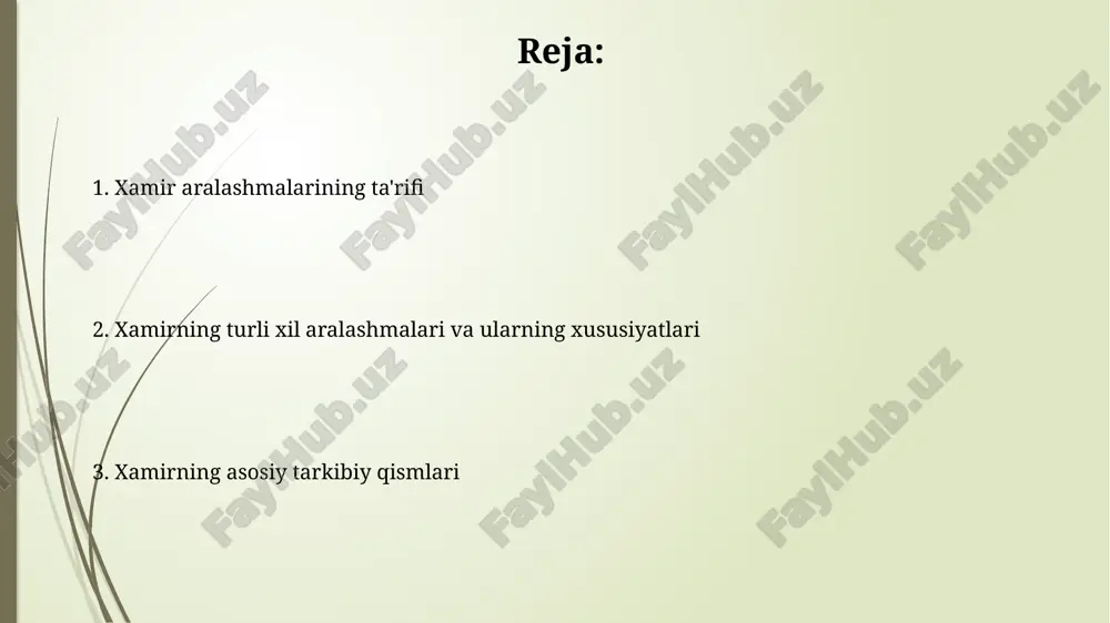 mavjud bo'lib, ular suyuqlik bilan reaksiyaga kirishib, karbonat angidrid gazini hosil qiladi va xamirni ko'taradi. xamirturush xamiri ko'tarilishi 1-2 soat davom etishi mumkin, bu vaqt davomida uning hajmi ikki barobarga oshadi. xamirturushsizlantiruvchi moddalar tezroq ta'sir ko'rsatadi, ko'tarilish vaqti qisqaroq bo'ladi. xulosa va keyingi qadamlar xamir aralashmalarini yaxshiroq tushunish uchun 3d modellashtirish usullarini qo'llash, retseptlarni optimallashtirishda samarali bo'ladi. sanoat miqyosida xamir aralashmalarining barqarorligini oshirish uchun yangi stabilizatorlar va texnologiyalarni o'rganish muhim ahamiyatga ega. tuz: ta'sir va roli tuz xamir tarkibidagi glyutenni mustahkamlaydi, bu esa xamirning elastikligini oshiradi va uni ishlov berishni osonlashtiradi. taxminan 1-2% tuz qo'shilishi sezilarli ta'sir ko'rsatadi. tuz xamirdagi fermentatsiya jarayonini sekinlashtiradi, bu esa xamirning haddan tashqari ko'tarilishini oldini oladi va ta'mini nazorat qiladi. tuzning optimal miqdori 0.5 dan 2.5% gacha bo'lishi mumkin. aralashmalarning xamirga ta'siri fermentlar kraxmalni oddiy shakarlarga, masalan, maltozaga parchalaydi, bu xamirning achish tezligini oshiradi va yakuniy mahsulotning 2-4% gacha shirinlik darajasini beradi. yog'lar, taxminan 10-15% …