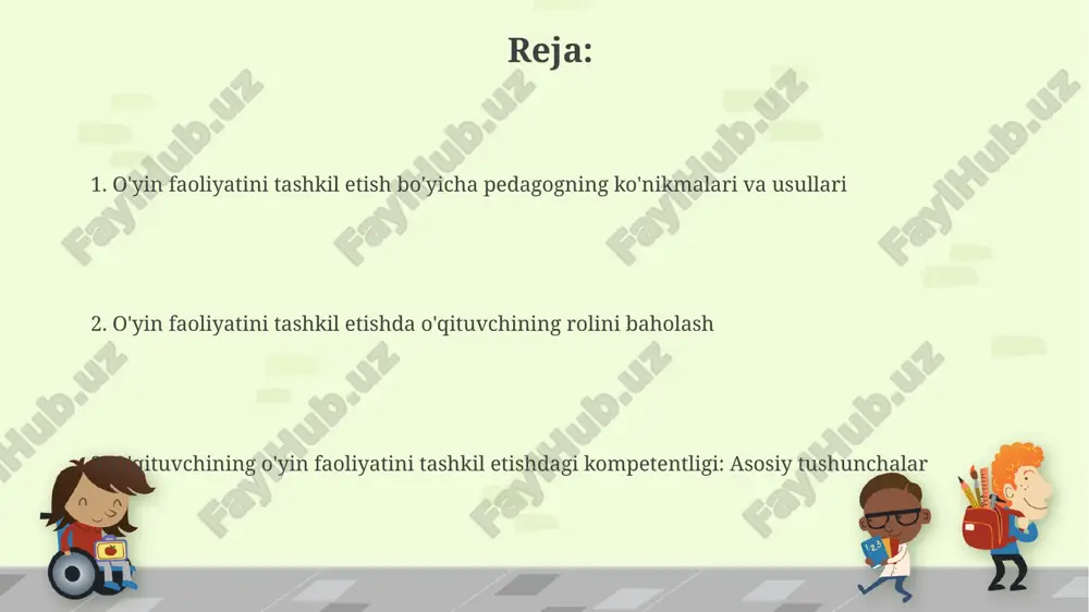 atini tashkil etishda bolalarning individual xususiyatlarini (masalan, temperament va xarakter) inobatga olib, shaxsga yo'naltirilgan ta'lim metodlarini qo'llash bo'yicha 7 ta asosiy kompetensiyaga ega bo'lishi lozim. pedagog 6 ta asosiy o'yin turlari (syujetli-rolli, harakatli va h.k.) bo'yicha bolalarning o'zaro munosabatlarini rivojlantirish, nizolarni hal etish va ijtimoiy ko'nikmalarni shakllantirish bo'yicha kompetent bo'lishi shart. turli yoshdagi bolalar uchun o'yin faoliyatini tashkil etish xususiyatlari 6-7 yoshli bolalar uchun qoidali o'yinlar muhim, bu esa ularga intizomni o'rgatadi. bu davrda, shuningdek, stol o'yinlari va jamoaviy sport turlari ham rivojlanishga ta'sir qiladi. 4-5 yoshli bolalar rolli o'yinlarda faol ishtirok etadi, bu yerda ular o'z rollarini ijro etib, munosabatlarni modellashtiradi. ularga ssenariylar va personajlar tanlashda yordam berish kerak. o'yin faoliyatida materiallar va muhitning roli o'yin maydonchasida 3-5 yoshli bolalar uchun sensorli materiallar (qum, suv) 25%ni, 5-7 yoshlilar uchun esa qurilish materiallari 30%ni tashkil qilishi maqsadga muvofiq. o'yin muhitida materiallar 70% o'yin faoliyatining mazmunini belgilaydi, bolalarning ijodkorligini rivojlantiradi va …