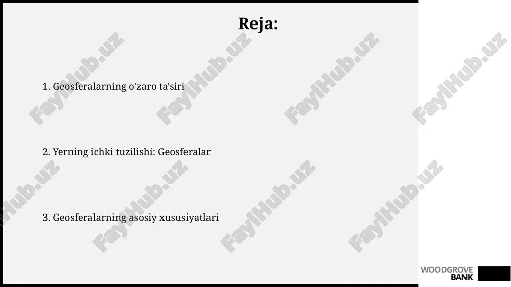 plitalar harakati tufayli doimiy ravishda o'zgarib turadi. yerning qattiq ichki yadrosi radiusi taxminan 1220 kilometr bo'lib, asosan temir va nikel kristallangan, nihoyatda yuqori bosim va taxminan 5200 daraja selsiy haroratda mavjud. woodgrove bank geosferalarning o'zaro ta'siri va dinamik yer biosfera va geosferaning ta'siri natijasida, masalan, o'simliklarning ildizlari tog' jinslarini parchalaydi (biologik nurash). okeanlar atmosferadan taxminan 30% karbonat angidridni yutadi va iqlimga ta'sir qiladi. yadro mantiyaga issiqlik uzatadi, bu esa konveksiya oqimlarini hosil qiladi. bu oqimlar tektonik plitalarning harakatiga va zilzilalar, vulqonlar kabi geologik hodisalarga sabab bo'ladi. woodgrove bank mantiya: konveksiya va tektonika mantiya viskoz modda bo'lib, uning yuqori qismi (astenosfera) tektonik plitalarning siljishiga imkon beradi, bu esa 1 dan 15 sm/yil tezlikda sodir bo'ladi. tektonik plitalar mantiyadagi konveksiya oqimlari ta'sirida harakatlanadi; bu jarayon yer yuzasida zilzilalar va vulqonlar paydo bo'lishiga sabab bo'ladi. woodgrove bank e'tiboringiz uchun rahmat @taqdimot_robot woodgrove bank image2.jpg image3.jpg image4.jpg image5.jpg image6.jpg image7.jpg image8.jpg