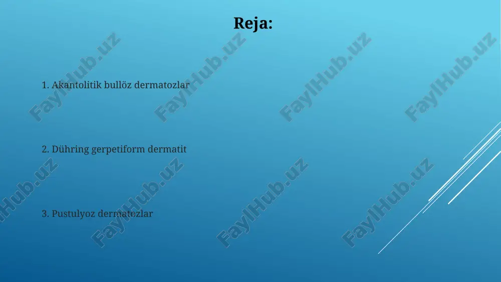 bu esa pustular dermatosisda odatda kuzatilmaydi. qiyosiy tashxisda iga immunofluorestsentiyasini hisobga olish muhim, chunki dühring dermatiti dermal papilla uchida iga cho'kishini ko'rsatadi, boshqa kasalliklarda esa yo'q. pustulyar dermatoz: ta'rif va tasnif klassifikatsiya etiologiyaga asoslangan bo'lib, infektsion (masalan, bakterial, zamburug'li), steril (masalan, pustulyar psoriaz) va dori vositalari sababli bo'lgan 3 asosiy guruhni o'z ichiga oladi. pustulyar dermatozlarning differentsial diagnostikasi muhim ahamiyatga ega, chunki davolash etiologiyaga bog'liq; masalan, bakterial infektsiyalar uchun antibiotiklar, zamburug'lilar uchun esa antifungal vositalar qo'llaniladi. diagnostika: pustulyar dermatoz pustulyar dermatozlarni tashxislash uchun klinik ko’rinish, anamnez ma’lumotlari va dermatoskopiya kabi usullar qo’llaniladi, ularning yordamida teridagi o’zgarishlar vizual ravishda baholanadi. pustulyar dermatozlarni tashxislashda teri biopsiyasi muhim, unda gistopatologik tekshiruv uchun 4 mm diametrli teri namunasi olinadi va yallig’lanish belgilarini aniqlashga yordam beradi. klinik ko'rinish: pustulyar dermatoz klinik ko'rinishga yuzaki joylashgan, steril pustulalar xos bo'lib, ular terining yallig'langan, qizargan joylarida paydo bo'ladi, ko'pincha o'lchamlari 5 mm dan oshmaydi. pustulyar dermatozning klinik ko'rinishi …