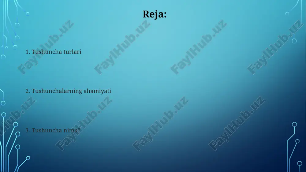goriya a'zosi bo'lishi uchun prototipga qanchalik o'xshash bo'lishi, 70-80% ga o'xshash bo'lishi muhimdir. eleanor roshning tadqiqotlari prototip nazariyasiga asos soldi va kategoriyalash, kognitiv psixologiya va 1970-yillardan boshlab tilshunoslikni o'zgartirdi. tushunchalarni shakllantirish tushunchalarni shakllantirish *namuna* yordamida ham amalga oshiriladi, bu usul har bir *klassga* misollar keltirishga va ularni *xotirada saqlashga* asoslangan. tushunchalarni shakllantirish *qoidalar* bilan ham sodir bo'ladi, bu yerda 12 ta *aniq mezon* qo'yiladi, masalan, 'uchburchak' shakli *3 ta tomon* va *3 ta burchakka* ega bo'lishi kerak. e'tiboringiz uchun rahmat @taqdimot_robot image4.jpg image5.jpg image6.jpg image7.jpg image8.jpg image9.jpg image10.jpg image1.png
