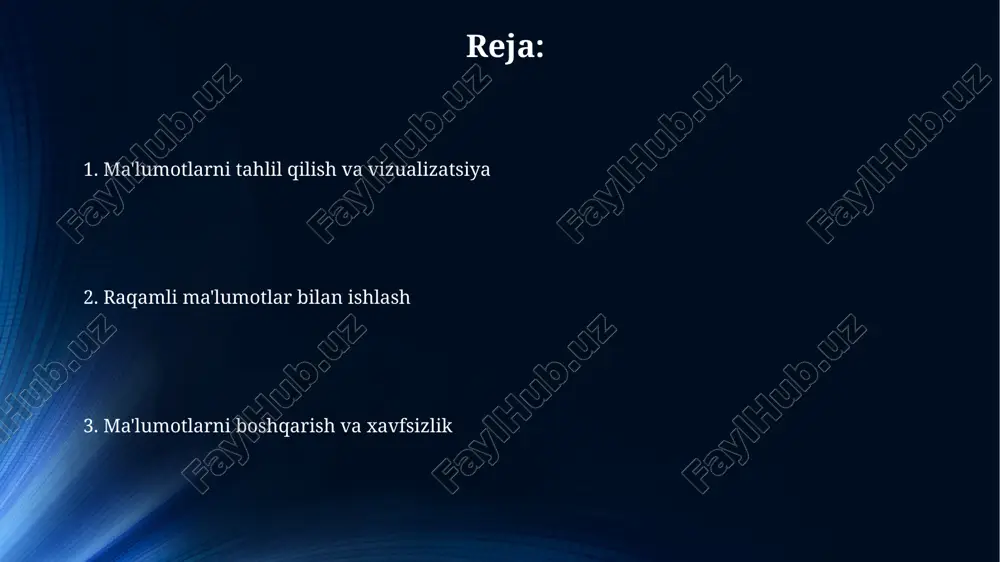 di, bu esa disk buzilganda ma'lumotlarni qayta tiklash imkonini beradi. hadoop distributed file system (hdfs) katta hajmdagi ma'lumotlarni arzon apparatura klasterlarida saqlash uchun mo'ljallangan bo'lib, ma'lumotlar replikatsiyasi orqali bardoshlilikni ta'minlaydi. ma'lumotlarni to'plash va tashkil etish ma'lumotlarni tashkil qilish uchun relyatsion ma'lumotlar bazalaridan (mysql, postgresql) foydalanish mumkin. ma'lumotlar jadvallarda saqlanadi va sql so'rovlari orqali boshqariladi. katta hajmdagi ma'lumotlarni tashkil qilish uchun hadoop yoki spark kabi texnologiyalardan foydalanish mumkin. ular ma'lumotlarni parallel ravishda qayta ishlash va tahlil qilish imkoniyatini beradi. ma'lumotlarni vizualizatsiya qilish 3d vizualizatsiyalar uch o'lchovli ma'lumotlar to'plamini tasvirlash uchun ishlatiladi, shu jumladan, tibbiy skanerlash natijalari yoki geografik ma'lumotlar tizimlari (gis) ma'lumotlari. interaktiv vizualizatsiya foydalanuvchilarga ma'lumotlar bilan bevosita aloqa qilish imkonini beradi, filtrlarni o'rnatish, ma'lumotlarni yaqinlashtirish va boshqa o'zgartirishlar kiritish orqali chuqurroq tahlil qilish mumkin. e'tiboringiz uchun rahmat @taqdimot_robot image6.jpg image7.jpg image8.jpg image9.jpg image10.jpg image11.jpg image12.jpg image4.jpeg