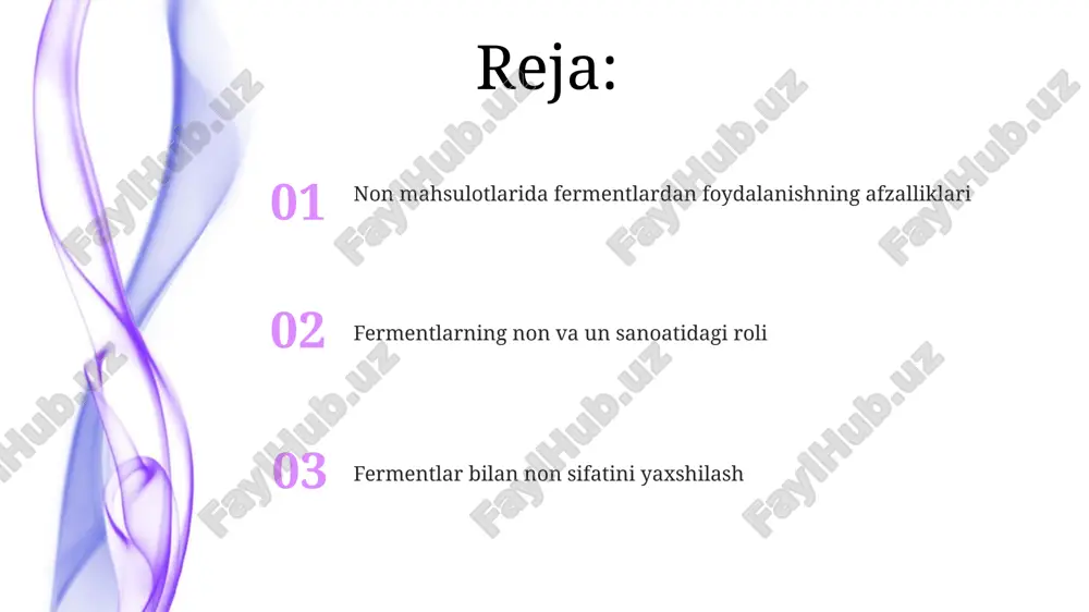 likni ta'minlaydi. xulosa shuni ko'rsatadiki, fermentlardan oqilona foydalanish nonning sifatini 15-25% yaxshilaydi va ishlab chiqarish xarajatlarini kamaytiradi, bu esa innovatsiyalarni rag'batlantiradi. asosiy fermentlar va ularning manbalari amilazalar, xususan alfa-amilaza, un kraxmalini dekstrin va shakarlarga parchalaydi, uning manbai maltlangan donlar va ba'zi mikroorganizmlar bo'lib, xamirning gaz hosil qilishini yaxshilaydi. lipazalar yog'larni yog 'kislotalari va glitseringa parchalaydi, uning manbai zamburug'lar va bakteriyalar bo'lib, xamirning ta'mini va tuzilishini yaxshilaydi, shuningdek nonning umrini uzaytiradi. kirish: fermentlar va non sanoatining ahamiyati proteazalar, ayniqsa, xamirning elastikligini kamaytirish va uning cho'ziluvchanligini oshirish uchun ishlatiladi, bu esa yuqori sifatli non mahsulotlarini ishlab chiqarishga yordam beradi. fermentlar xamirning reologik xususiyatlarini yaxshilaydi, masalan, alfa-amilaza kraxmalni gidrolizlab, xamirning ishlov berish qulayligini oshiradi va nonning hajmini ko'paytiradi. e'tiboringiz uchun rahmat @taqdimot_robot image5.jpg image6.jpg image7.jpg image8.jpg image9.jpg image10.jpg image11.jpg image1.jpeg image2.jpeg image3.jpeg