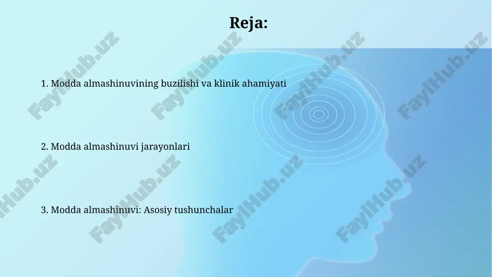 (yog' kislotalari sintezi uchun) hosil qiladi, bu esa 6 karbonli glyukozani ishlatadi. metabolik kasalliklar qandli diabet 1 turi, metabolik kasallik sifatida, insulin ishlab chiqarishning yetishmovchiligi natijasida qonda glyukoza miqdorining 126 mg/dl dan oshib ketishiga olib keladi. metabolik kasalliklar ko'pincha genetik mutatsiyalar natijasida kelib chiqadi, bu fermentlar yoki transport proteinlarining disfunksiyasiga olib keladi va moddalar almashinuvini buzadi. modda almashinuvi metabolizmi metabolizmning katabolik bosqichi murakkab molekulalarni oddiyroq birikmalarga parchalaydi, shu jarayonda energiya ajralib chiqadi, masalan, glikolizda 1 mol glyukozadan 2 mol atf hosil boʻladi. modda almashinuvi metabolizmi oqsillar, uglevodlar va lipidlar kabi ozuqa moddalarini qayta ishlash orqali energiya ishlab chiqarish hamda hujayralar uchun zarur boʻlgan molekulalarni sintezlashni oʻz ichiga oladi. e'tiboringiz uchun rahmat @taqdimot_robot image3.jpg image4.jpg image5.jpg image6.jpg image7.jpg image8.jpg image9.jpg image1.png