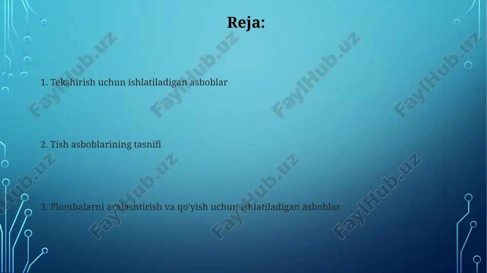 tezlarini yaratish jarayonida ishlatiladi, ular orasida turli xil o'lcham va shakldagi metall spatulalar va model lash mumlari mavjud. qoliplash asboblari, masalan, aljinat aralashtirgichlar va vibratorlar, materialni optimal aralashtirish va havo pufakchalarini olib tashlash orqali aniq qoliplarni olishga yordam beradi. amalgam tashuvchilar amalgam tashuvchilar diametri 1 dan 2,5 mm gacha bo'lgan silindrsimon uchga ega bo'lib, amalgamni tayyorlangan kavitega olib kirish uchun mo'ljallangan, bu amalgamni to'g'ri joylashtirishga yordam beradi. amalgam tashuvchilarning har xil o'lchamlari (masalan, kichik, o'rta va katta) turli xil kavite o'lchamlariga moslashish imkonini beradi, bu esa amalgamning optimal miqdorini joylashtirishga erishishga yordam beradi. alginat va gips aralashtirish uchun idishlar gips aralashtirish uchun vibromiksersiz ishlatiladigan idishlar turi kengroq bo'lishi mumkin, chunki ularning sirti qo'lda aralashtirish uchun qulay bo'lishi kerak. ba'zi idishlar ichki qismida maxsus o'lchov belgilari bilan jihozlangan bo'lib, bu alginat yoki gipsni suv bilan 1:1 yoki 2:1 kabi aniq nisbatda aralashtirish imkonini beradi. asboblarni parvarish qilish va sterilizatsiya sterilizatsiya jarayonida, …