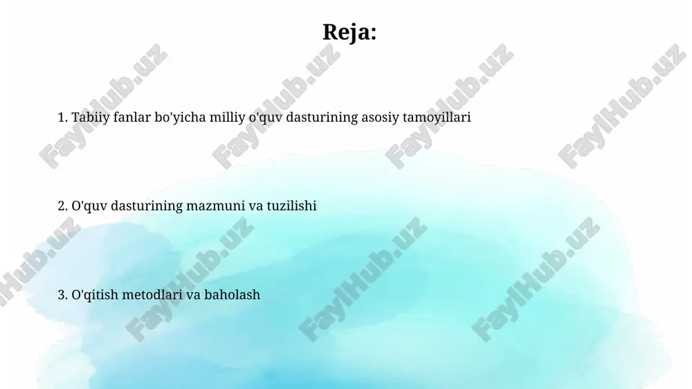 urining maqsadi va vazifalari dasturning muhim vazifalaridan biri – o'quvchilarda 5 ta tabiiy fan (fizika, kimyo, biologiya, geografiya, ekologiya) bo'yicha tushunchalarni shakllantirish va ularni kundalik hayotda qo'llashga o'rgatishdir. milliy o'quv dasturining maqsadi – har bir o'quvchining 11 yillik ta'lim davrida tabiiy fanlar bo'yicha minimal kompetensiyalarni egallashini ta'minlashdir. e'tiboringiz uchun rahmat @taqdimot_robot image3.jpg image4.jpg image5.jpg image6.jpg image7.jpg image8.jpg image1.png