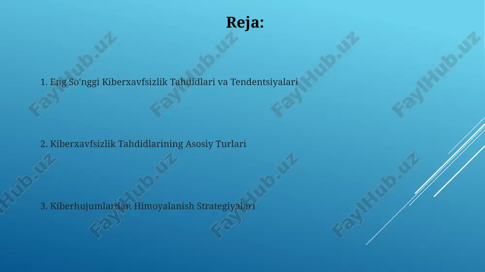 qibatlari ma'lumotlarning buzilishi natijasida mijozlar ishonchini yo'qotish biznes uchun juda katta oqibatlarga olib keladi, chunki mijozlarning 60% dan ortig'i boshqa joyga ketishi mumkin. kiberxavfsizlik tahdidlari natijasida yuzaga keladigan moliyaviy yo'qotishlar juda katta bo'lishi mumkin, jumladan, to'lovlar, jarimalar va biznesning 35% gacha to'xtatilishi. xulosa xulosa, kibertahdidlarga qarshi kurashda sun'iy intellekt va mashinali o'rganish texnologiyalaridan foydalanish 95 foizga samaradorlikni oshiradi va tezkor choralar ko'rish imkoniyatini yaratadi. xulosa qilib aytganda, raqamli xavfsizlikka bo'lgan 2023-yildagi tahdidlar ortib bormoqda, shuning uchun himoya choralarini kuchaytirishimiz va 2 faktorli autentifikatsiya kabi usullarni qo'llashimiz zarur. kiberxavfsizlik tahdidlaridan himoyalanish strategiyalari ko'p faktorli autentifikatsiya (mfa) hisoblarni himoya qilish uchun muhimdir, kamida ikkita turli identifikatsiya shaklini, masalan, parol va sms kodini talab qiladi. dasturiy ta'minotni muntazam ravishda yangilab turing. yangi xavfsizlik patchlari zaifliklarni yo'q qiladi, shuning uchun erta yangilanish kiber hujumlardan saqlanishning asosiy usulidir. e'tiboringiz uchun rahmat image1.png image2.jpg image3.jpg image4.jpg image5.jpg image6.jpg image7.jpg image8.jpg