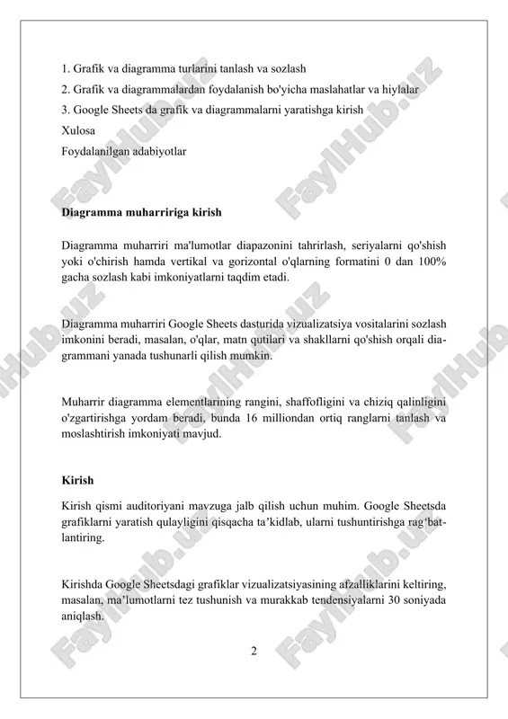 qtasini aniq qiymati bilan belgilaydi, bu esa raqamli qiymatlarni vizual tarzda tushunishni 100 foizga osonlashtiradi. diagrammani qanday yaratish diagramma ustunlari, chiziqlari yoki doiralari kabi turli xil grafik elementlardan foydalanadi. bu elementlar 2d yoki 3d formatda namoyish etilishi mumkin. google sheets diagrammalarni moslashtirish uchun ko'plab sozlamalarni taqdim etadi. diagramma sarlavhasini, o'q belgilarini va ranglarini o'zgartirish mumkin. diagramma yaratishda ma'lumotlarning tuzilishi muhim. ma'lumotlar odatda jadval shaklida bo'ladi va har bir ustun ma'lumotlar seriyasini ifodalaydi. diagramma turini tanlash diagramma turini tanlashda, ma'lumotlaringiz tuzilishiga e'tibor qiling. misol uchun, vaqt o'tishi bilan o'zgarishlarni ko'rsatish uchun chiziqli grafiklar (line charts) yaxshiroqdir. umumiy qismlarni ko'rsatish uchun dumaloq diagrammalar (pie charts) yoki doughnut diagrammalar qo'llaniladi. har bir segment butun sonning foizini ifodalaydi va vizual taqdimotni ta'minlaydi. ma'lumotlarni taqqoslash uchun ustunli diagrammalar (column charts) yoki chiziqli diagrammalar (bar charts) optimaldir. ular har bir kategoriyadagi qiymatlarni vizual ravishda solishtirishga imkon beradi. diagrammalarni nashr qilish va ulashish boshqalar bilan hamkorlik qilish …