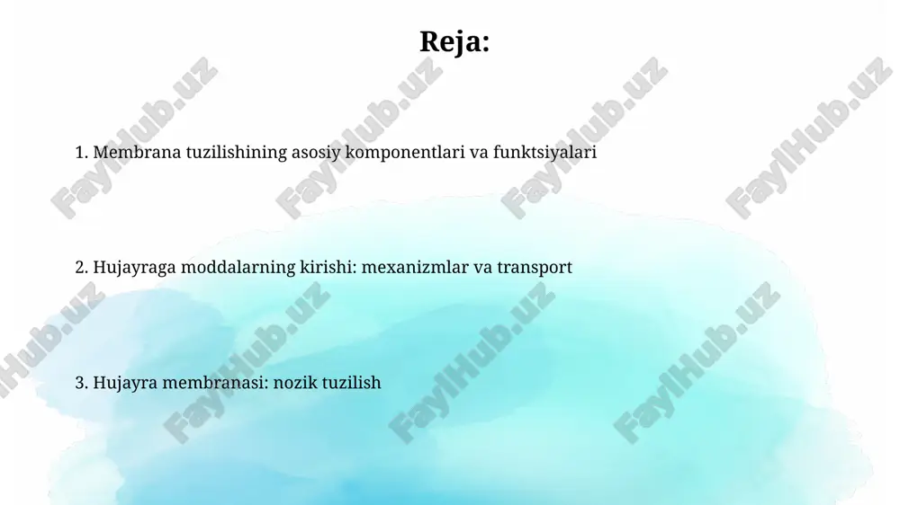 bilayer ichida joylashgan va transmembran oqsillar vazifasini bajaradi. oqsillar 50% gacha membrana massasini tashkil etadi, transport, fermentativ faollik va signal uzatish kabi 6 ta asosiy funksiyani bajarishda muhim rol o'ynaydi. membrana tuzilishining murakkabligi membrana oqsillari nafaqat strukturaviy komponentlar, balki transport, fermentativ faollik va signal uzatish kabi ko'plab funksiyalarni bajaruvchi murakkab molekulalardir. xolesterol molekulalari membrana tuzilishiga ta'sir etib, harorat o'zgarishlariga moslashuvchanlikni ta'minlaydi, bu esa uning mustahkamligini saqlashda muhim ahamiyatga ega. oddiy diffuziya: mollekulalar to'siqlardan o'tadi steroid gormonlar va yogʻda eriydigan vitaminlar (a, d, e, k) molekulalari ham oddiy diffuziya orqali hujayra membranalaridan oʻtishi mumkin, chunki ular qutbsiz va lipidlarda yaxshi eriydi. oddiy diffuziyada kichik, qutbsiz molekulalar, masalan, o2, co2, n2, lipid bilayerning gidrofob yadrosidan konsentratsiya gradienti boʻylab hech qanday yordamsiz oʻtadi. uglevodlar: hujayra identifikatorlari uglevodlar hujayra membranasida glikoproteinlar (taxminan 2-10% uglevod) yoki glikolipidlarning (taxminan 2-5% uglevod) bir qismi sifatida hujayra identifikatorlari vazifasini bajaradi. uglevod zanjirlari, odatda 15 tagacha monosaxarid birlikdan iborat …
