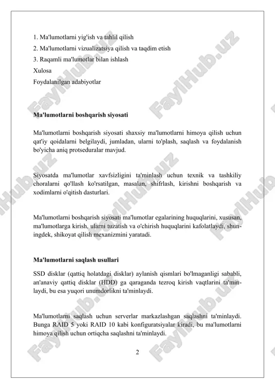 ilishni o'z ichiga oladi, bu esa taxminan 80% vaqtni tejaydi. raqamli ma'lumotlar bilan ishlash raqamli ma'lumotlarni tahlil qilishda 1000 dan ortiq statistik usullar qo'llanilishi mumkin, masalan, regressiya, klassifikatsiya va klasterlash, bu tendentsiyalarni aniqlashga yordam beradi. raqamli ma'lumotlar bilan ishlashda '0' va '1' bitlardan iborat ikkilik tizim muhim rol o'ynaydi, bu ma'lumotlarni kompyuter xotirasida saqlash va qayta ishlash uchun asos yaratadi. ma'lumotlarni himoya qilish uchun kriptografiya algoritmlari, jumladan aes-256, ishlatiladi, bu ma'lumotlarni shifrlash orqali ruxsatsiz kirishdan saqlash imkonini beradi. ma'lumotlar xavfsizligi va maxfiyligi ma'lumotlarni shifrlash (masalan, aes-256 algoritmi bilan) ma'lumotlar xavfsizligini ta'minlashning muhim qismi bo'lib, uni o'g'irlashdan himoya qiladi. ma'lumotlar xavfsizligida ikki faktorli autentifikatsiya (2fa) muhim: login parolingizdan tashqari, sms yoki ilova orqali tasdiqlash kodingizni ham kiritishingiz kerak. shaxsiy ma'lumotlar maxfiyligi uchun gdpr (general data protection regulation) qonuniga rioya qilish zarur, bu foydalanuvchilarning ma'lumotlarini himoya qilishning muhim omili. ma'lumotlar kelajagi kvant hisoblashning rivojlanishi katta ma'lumotlar to'plamlarini tahlil qilishning tezligini oshiradi, lekin …