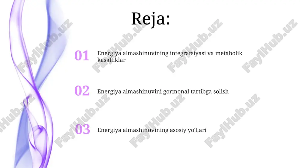 litseringa parchalanishiga olib keladi, energiya uchun yog' kislotalari manbaini ta'minlaydi. glyukagon jigarda glikogenolizni (glikogenni glyukozaga parchalash) va glyukoneogenezni (glyukozani yangidan sintezlash) rag'batlantiradi, bu qonda glyukoza darajasini oshiradi. energiya almashinuvining asosiy tushunchalari katabolizm - murakkab molekulalarni (masalan, polisaxaridlar) oddiyroq molekulalarga parchalash jarayoni bo'lib, energiya ajralib chiqadi va bu energiya atp sintezi uchun ishlatiladi, uning samaradorligi 34% gacha yetishi mumkin. energiya almashinuvining asosiy tushunchalaridan biri atp (adenozin trifosfat) bo'lib, hujayralar uchun asosiy energiya manbai vazifasini bajaradi, yuqori energiyali fosfat bog'larini gidrolizlash orqali energiya chiqaradi. glukogen almashinuvini tartibga solish insulin jigar va mushak hujayralarida glikogen sintezini faollashtiradi, qondagi glyukoza miqdori yuqori bo'lganda glyukozani glikogenga aylantiradi va saqlaydi. amp darajasi yuqori bo'lganda, mushaklarda glikogen fosforilaza faollashadi, bu esa glikogenni parchalash va energiya olish uchun glyukoza-1-fosfat hosil qilishga olib keladi. insulinning roli insulin aminokislotalarning hujayralarga kirishini oshiradi va oqsillar sintezini rag'batlantiradi, oqsil katabolizmini inhibe qiladi, bu mushak massasining o'sishiga va saqlanishiga olib keladi. insulin glukozaning …