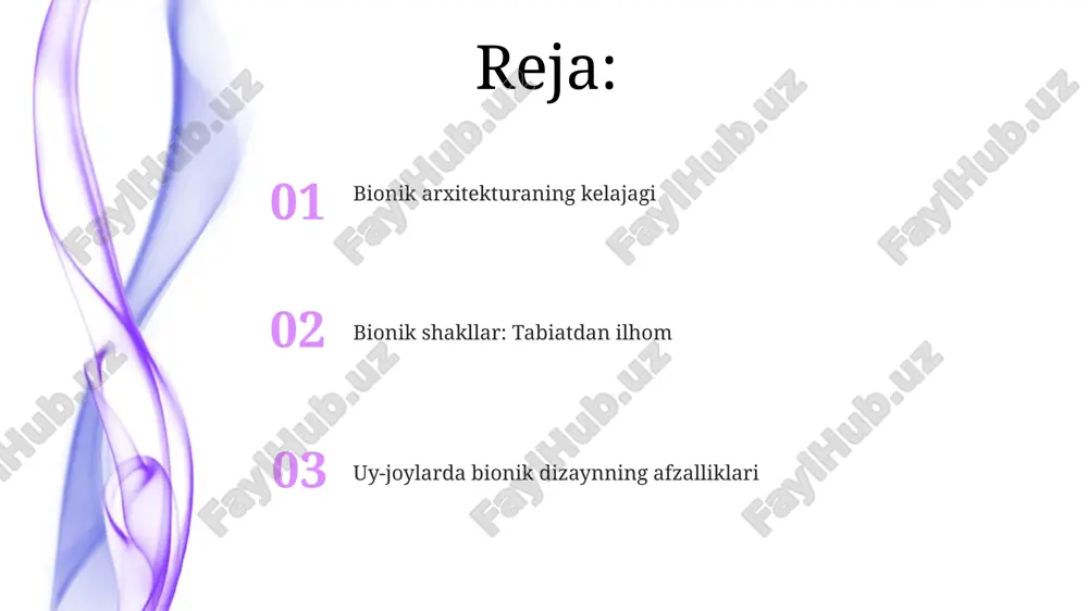 g olti burchakli tuzilishini, binolarda energiya samaradorligini oshirish uchun qo'llaydi. bionik materiallar va texnologiyalar aerodinamik shakllarni yaratishda qushlarning suyak tuzilishidan ilhomlangan bionik texnologiyalar shamol yuklamalarini 30% gacha kamaytirishi mumkin. suvga chidamli sirtlar lotus bargidan ilhomlangan bionik qoplamalar orqali yaratiladi, bu esa suvning o'tkazuvchanligini 0.5% gacha kamaytiradi. bionik shakllarning afzalliklari: barqarorlik va samaradorlik bionik shakllar quyosh energiyasini yig'ish samaradorligini 10-18% ga oshirishi mumkin, quyosh panellari integratsiyasi orqali qayta tiklanadigan energiya ishlab chiqarishni ko'paytiradi. bionik shakllar binolarning tabiiy shamollatilishini 20-30% ga yaxshilashi mumkin, bu esa konditsionerlikka bo'lgan ehtiyojni kamaytiradi va energiya xarajatlarini tejaydi. bionik shakllar va energiya tejamkorligi honeycomb tuzilishi kabi bionik dizaynlar binolarda tabiiy yorug'likni 20% gacha oshirishi mumkin, shu bilan sun'iy yoritishga bo'lgan ehtiyojni kamaytiradi. bionik shakllar, masalan, spiral tuzilmalar, shamol yukini 30% gacha kamaytirishi mumkin, bu esa energiya sarfini kamaytiradi va binolarning mustahkamligini oshiradi. kelajakdagi turar joy binolarida bionik shakllarning roli bionik dizayn seysmik barqarorlikni yaxshilashga yordam beradi; daraxtlarning …