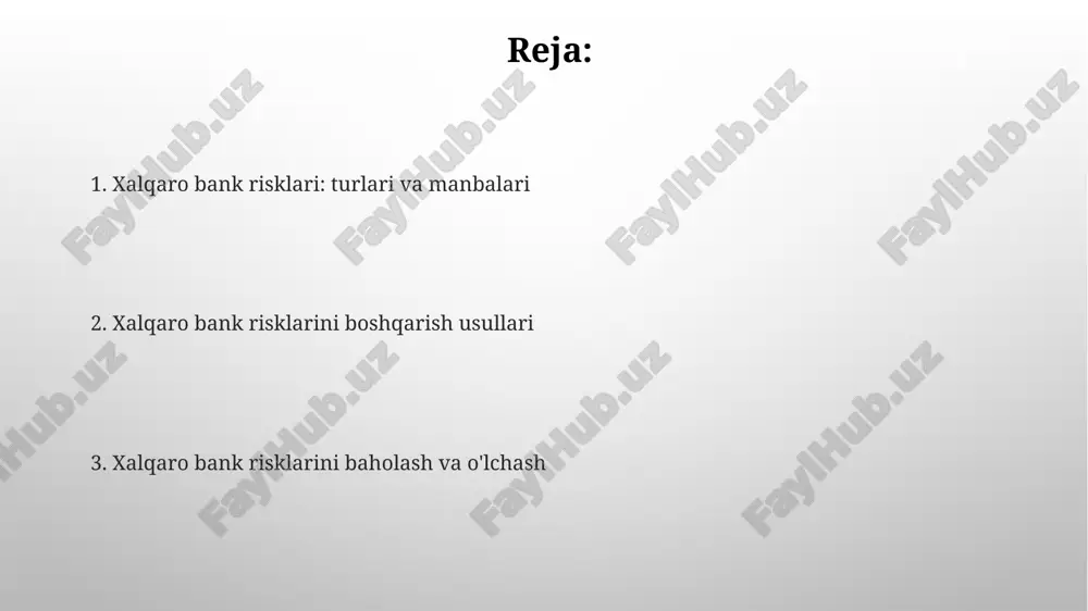 ish uchun, avtomatlashtirishni kengaytirish zarur, bu xatolik ehtimolini 15-20% ga kamaytiradi va samaradorlikni oshiradi. asosiy xalqaro bank risklari turlari kredit xavfi suveren qarzdorlik, korporativ defoltlar va banklararo majburiyatlarni o'z ichiga oladi, bu bank portfelining 10% dan ortiq qismini tashkil etuvchi aktivlarning qimmatini yo'qotishiga olib kelishi mumkin. siyosiy xavf - bu davlat tomonidan aktivlarni musodara qilish (51% dan ortiq ulush), shartnomalarni buzish yoki pul o'tkazmalariga cheklovlar qo'yish kabi 20%lik daromad yo'qotishiga olib kelishi mumkin. kredit riskini boshqarish usullari kredit limitlarini belgilash va monitoring qilish, jumladan, individual qarzdorlar uchun maksimal kredit summasini aniqlash, diversifikatsiyani ta'minlash va katta yo'qotishlar xavfini kamaytirish uchun zarur. kredit bahosini aniqlash uchun 5c tahlili qo'llaniladi: character (xulq-atvor), capacity (qobiliyat), capital (kapital), conditions (sharoitlar) va collateral (garov) riskni minimallashtirish uchun muhim. e'tiboringiz uchun rahmat @taqdimot_robot image2.png image5.jpg image6.jpg image7.jpg image8.jpg image9.jpg image10.jpg image11.jpg image3.png